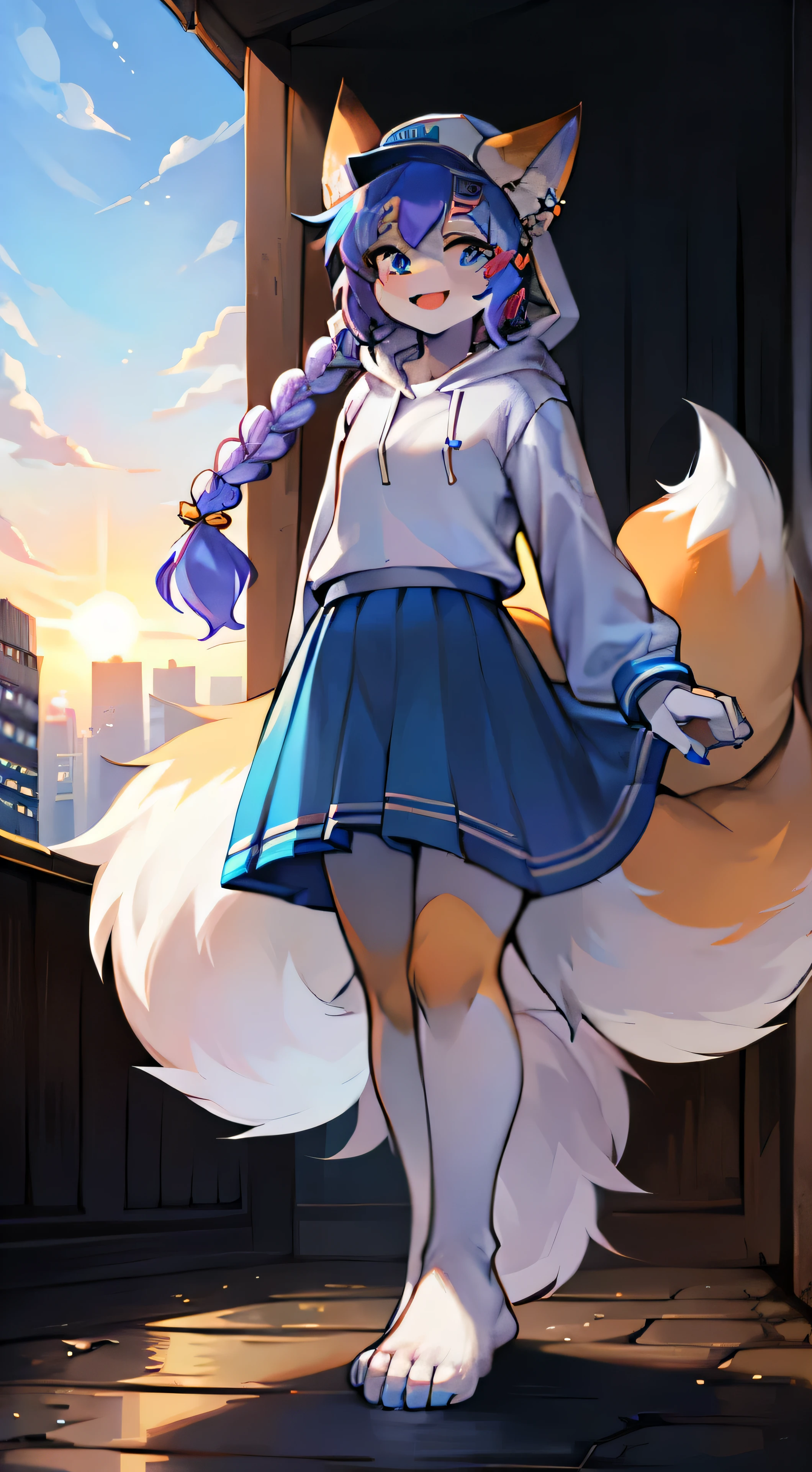 1. A teenage girl, straight-on in full body pose, gazes directly at the viewer with a playful expression, her multicolored hair adorned with a hairpin, a few strands falling between her eyes. Her twin braids hang down her back, and a fox tail with multiple tails springs from behind. She wears a blue baseball cap, a white hoodie with clothes writing, her hood down, long sleeves, and a closed mouth. A blue skirt covers her lower body, and she stands barefooted next to a lone tree, with a cityscape of buildings and a cityscape behind, the sun casting a warm light on the scene. The day is bright