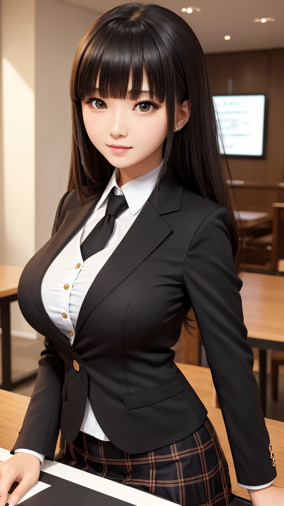 ((high quality)), ((table top)), (detailed face), (highlight), female、Big breasts、blunt bangs、black hair、skirt、blazer