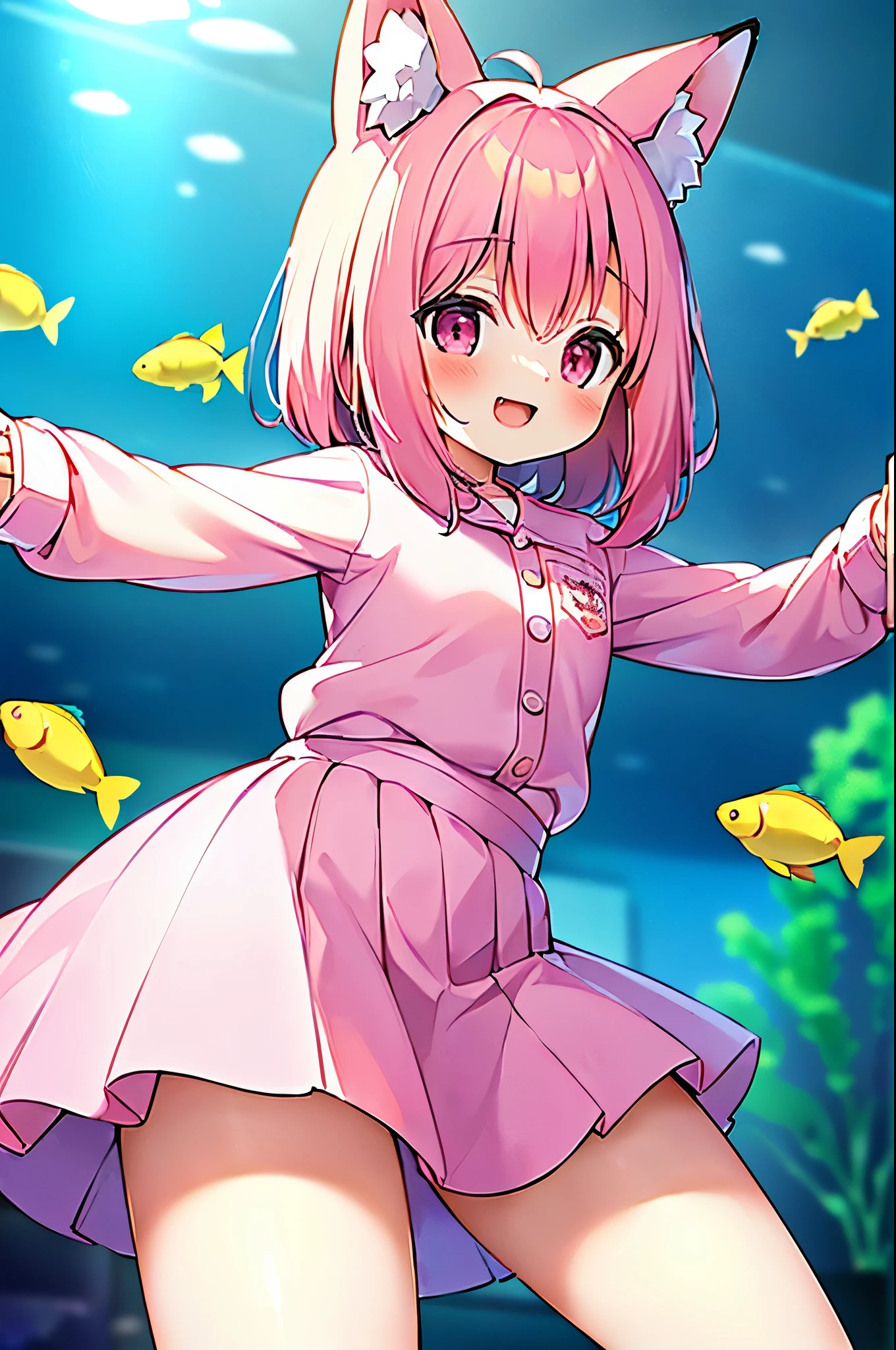 (((masterpiece))), (((最high quality))), (((high quality))), (((beautiful))), (((8K))), (((High resolution)) (((超High resolution))), (((High resolution))), (pink short hair:1.3), (Pink fox tail:1.4), (Pink fox tail:1.2), pink fox ears and white tips, (pink eyes), (theme color pink:1.4), small breasts, Super cute light blue long sleeve shirt, (Long pleated skirt:1.3), pure white ruffled skirt, (cowboy shot:1.3), (laughing), (in the aquarium:1.3), (From the side:1.2), (from below:1.3), (Tropical fish of various sizes), (dynamic pose:1.4)