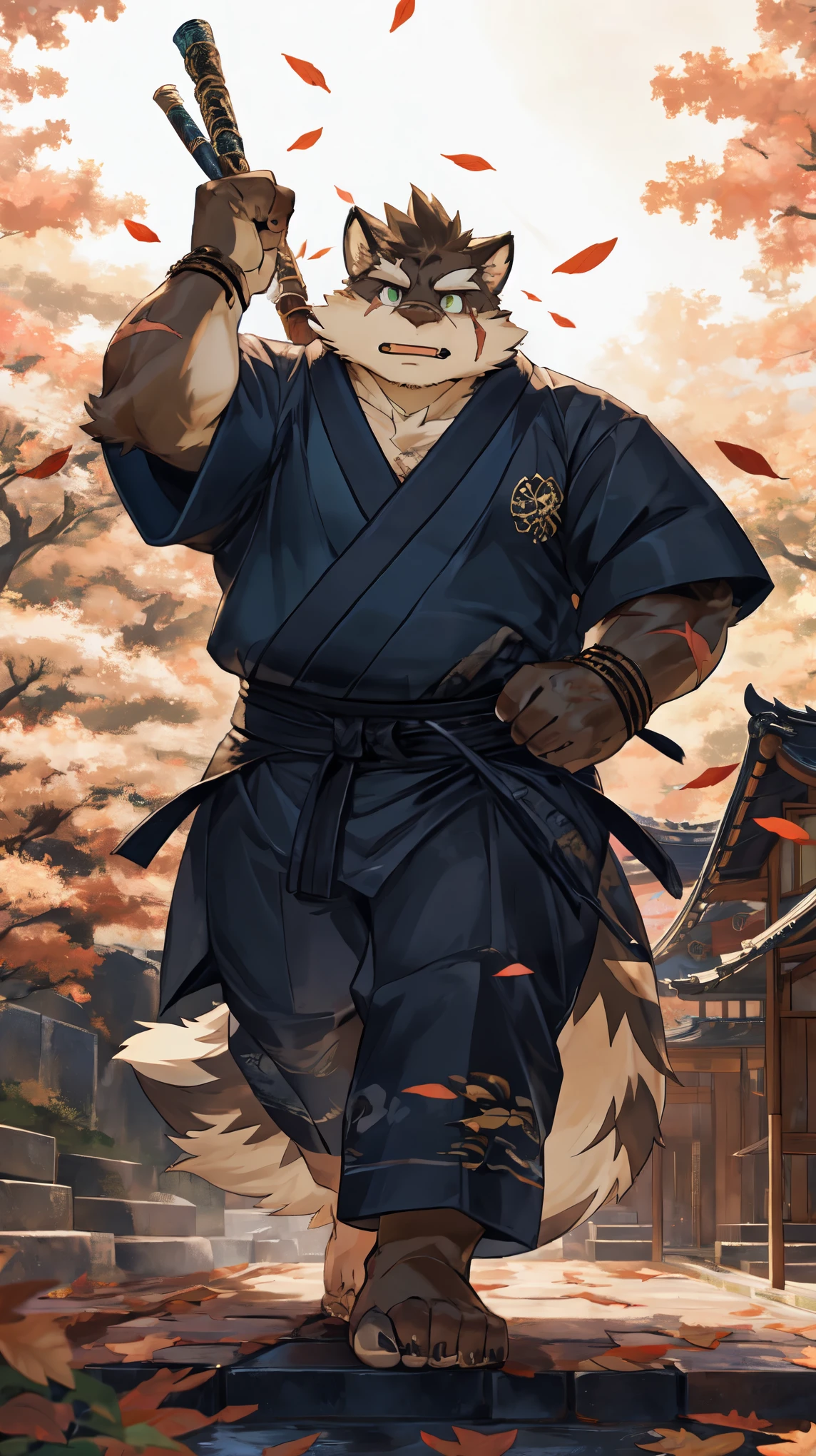 raccoon，Long Japanese samurai uniform，Japanese flared pants，Leaves，big tail，There are scars on the face，Wind effects，Super detailed，4K，anime style，Detailed face，great action，epic scene，Actions are random，barefoot，fantasy，middle Ages，green eyes，muscle，Slightly fat，tall body，bel，octane rendering，gorgeous features，exquisite eyes，intricate outfits，Detailed face，Perfect skin texture，