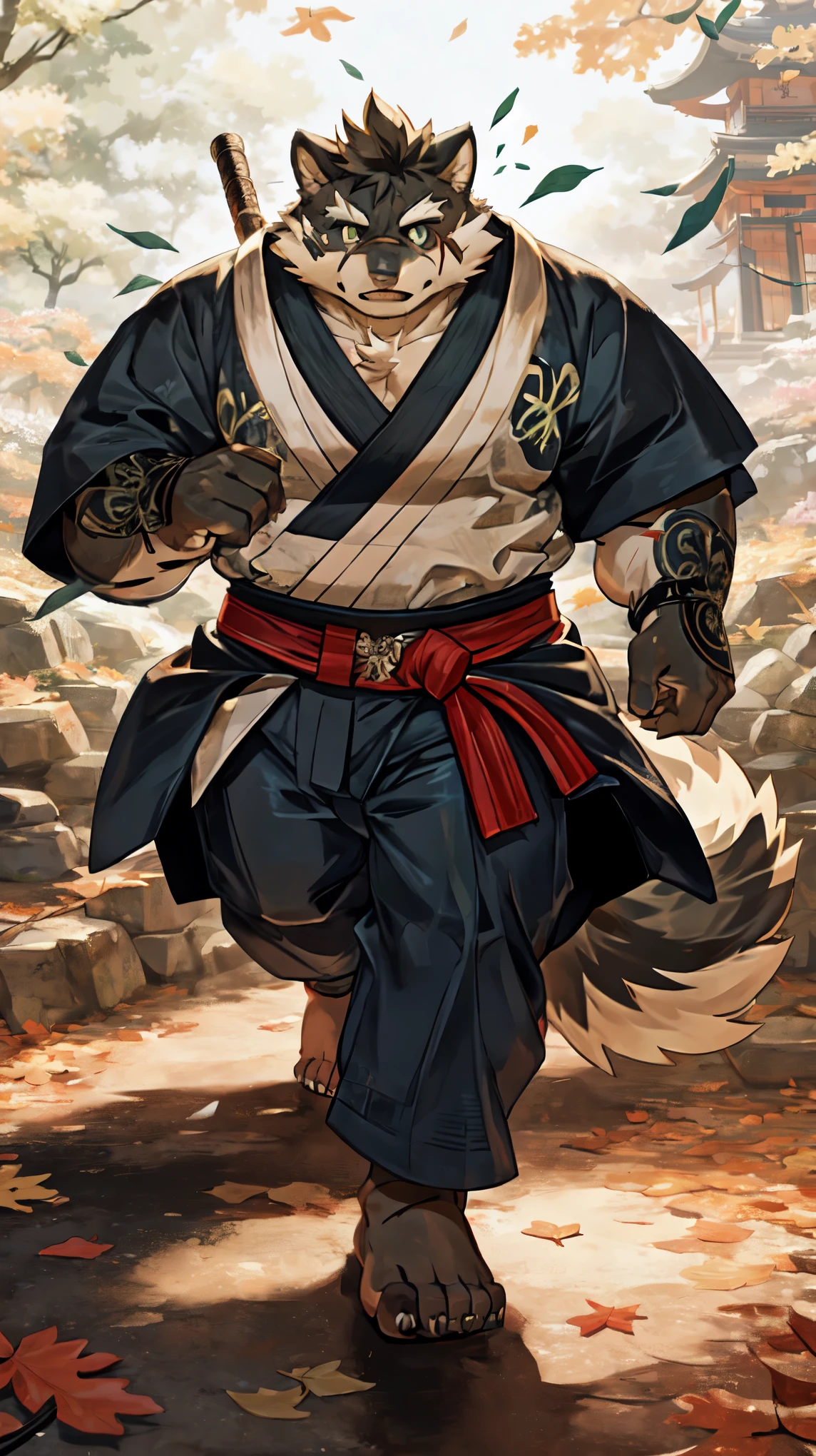 raccoon，Long Japanese samurai uniform，Japanese flared pants，Leaves，big tail，There are scars on the face，Wind effects，Super detailed，4K，anime style，Detailed face，great action，epic scene，Actions are random，barefoot，fantasy，middle Ages，green eyes，muscle，Slightly fat，tall body，bel，octane rendering，gorgeous features，exquisite eyes，intricate outfits，Detailed face，Perfect skin texture，