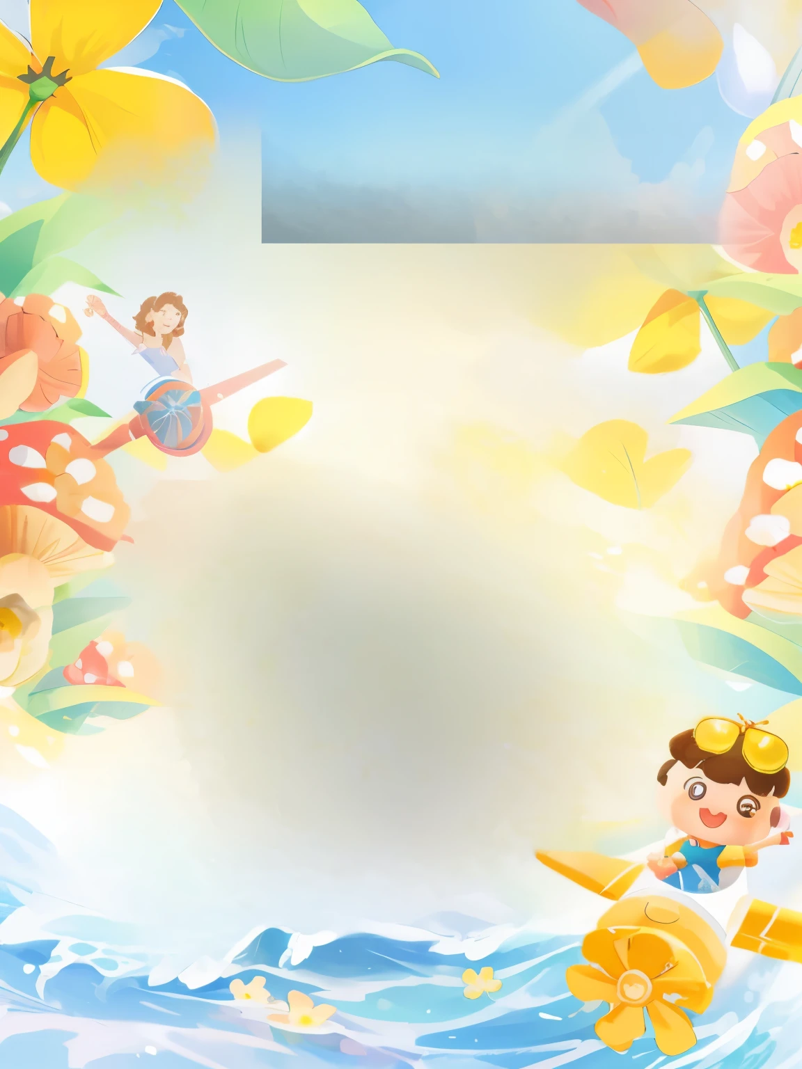 In the middle are sea waves surrounded by flowers and plants illustration style