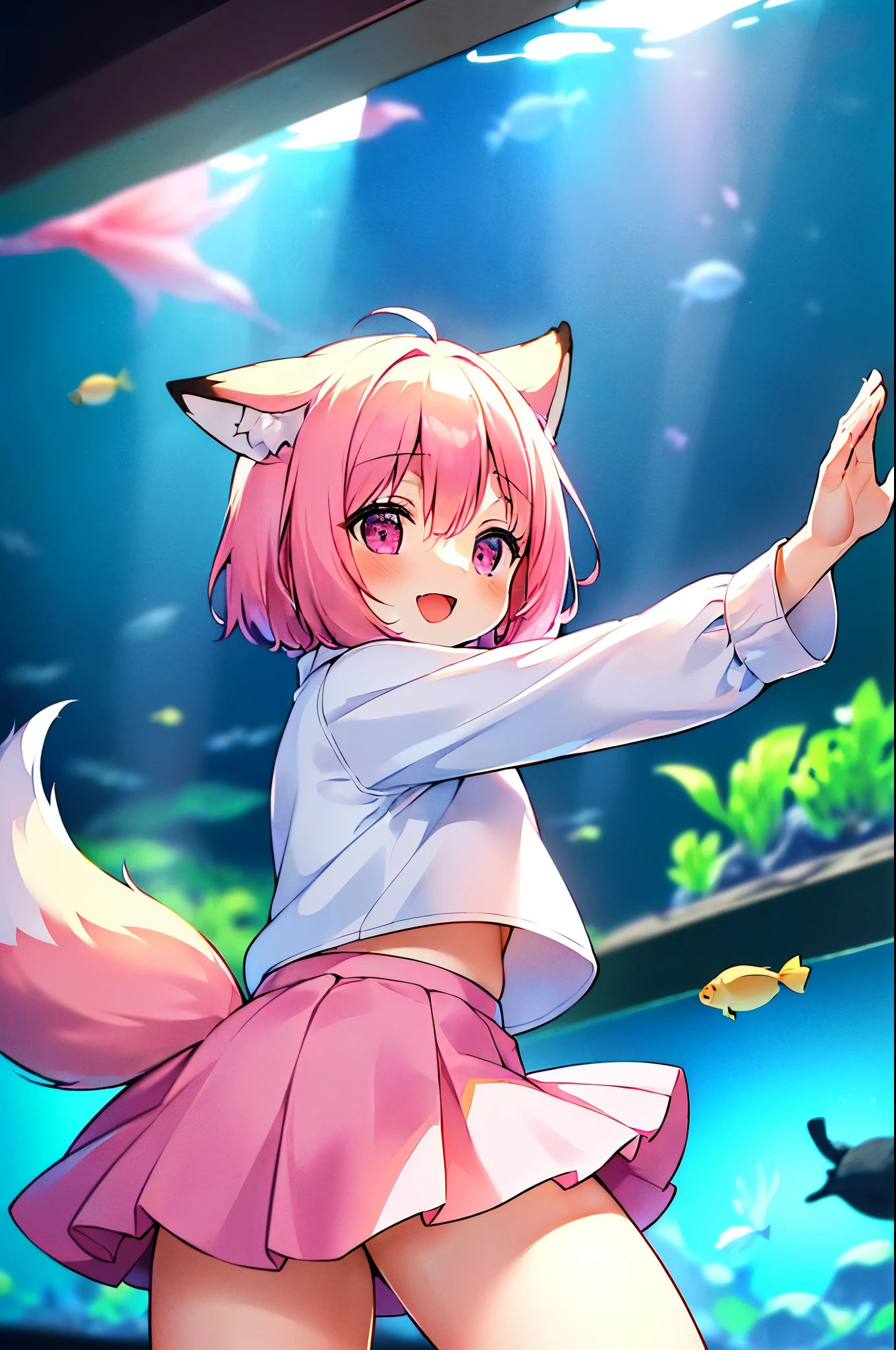 (((masterpiece))), (((最high quality))), (((high quality))), (((beautiful))), (((8K))), (((High resolution)) (((超High resolution))), (((High resolution))), (pink short hair:1.3), (Pink fox tail:1.4), (Pink fox tail:1.2), pink fox ears and white tips, (pink eyes), (theme color pink:1.4), small breasts, Super cute light blue long sleeve shirt, (Long pleated skirt:1.3), pure white ruffled skirt, (cowboy shot:1.3), (laughing), (in the aquarium:1.3), (From the side:1.2), (from below:1.3), (Tropical fish of various sizes), (dynamic pose:1.4)