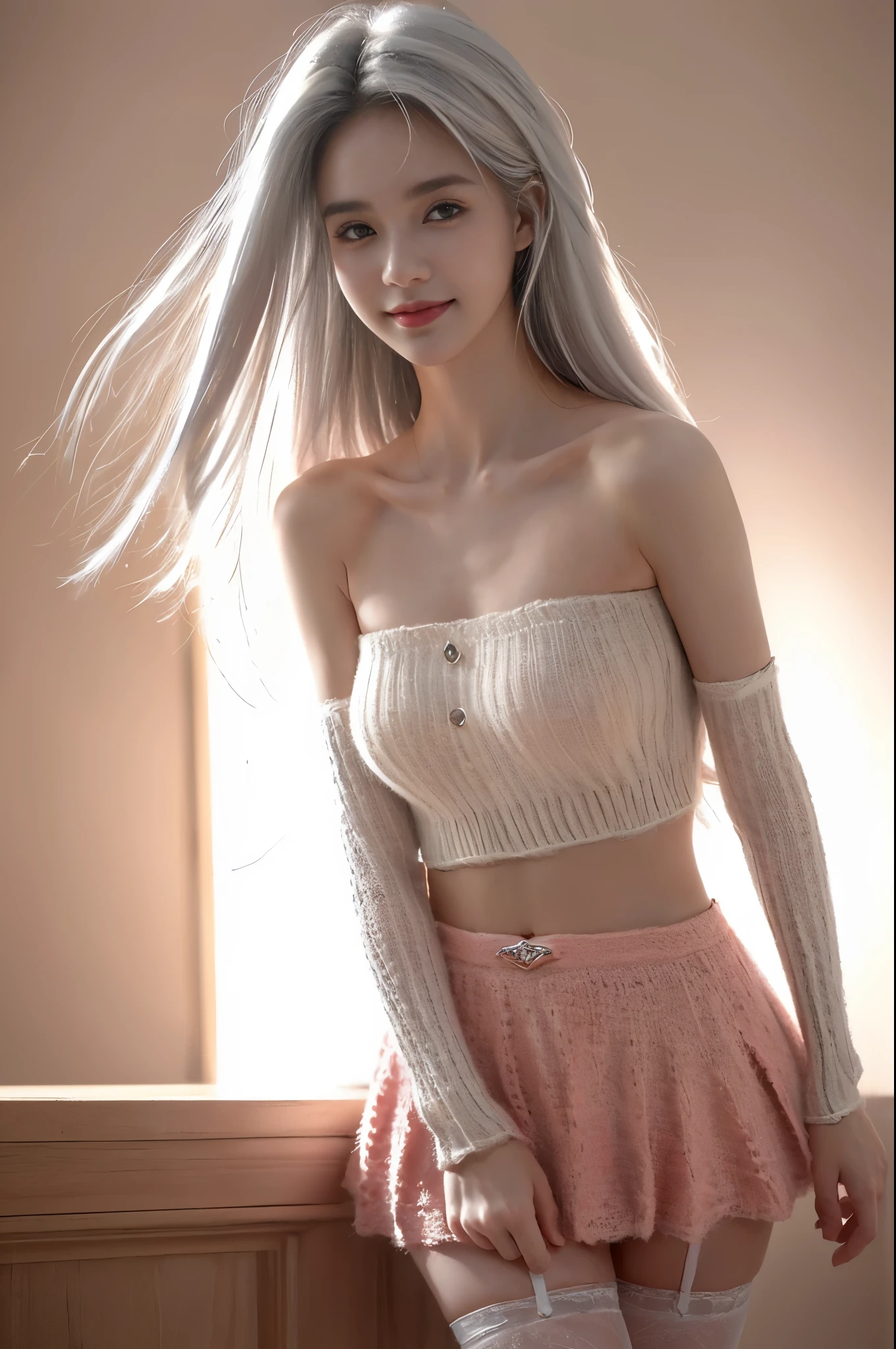 ((tmasterpiece:1.4)、(quality:1.4)、(Realistic:1.7))、Royo（Royo）A surreal portrait of The beautiful girl、A super beautiful girl、((1 girl in:1.4))、Glowing and natural looking skin texture、Author Royo（Royo）、19years old、(Two arms:1.4、Two legs:1.4)、(perfect anatomia:1.4)、(Perfect female body:1.4)、A portrait photo of a girl、Closeup photo body shot:1.4), (highest quality:1.4), (actual:1.7), Royo, The beautiful girl, A super beautiful girl, ((1 girl in:1. 4), Glowing and natural looking skin texture, Author Royo, 19years old, (Perfect female body: 1.4), (Perfect female body: 1.) 4), A portrait photo of a girl, Close-up photo body photo）, Fantasyart, soft front lighting, The beautiful expression, Kawaii face, The beautiful, Large full-breasted: 1. 2, The beautiful butt, Fine Eye, Clear and eye-catching, Beautiful and, pretty eyes, big breasts thin waist, RAW photogr, Redlip, ((White hair, long whitr hair)) , 1 screen view, ),((Off-the-shoulder hand-knitted sweater))、((Pink tight skirt)）、 (sexyposture), (Milky Way in the sky),((T-back garters and garters))、(A smile)、
