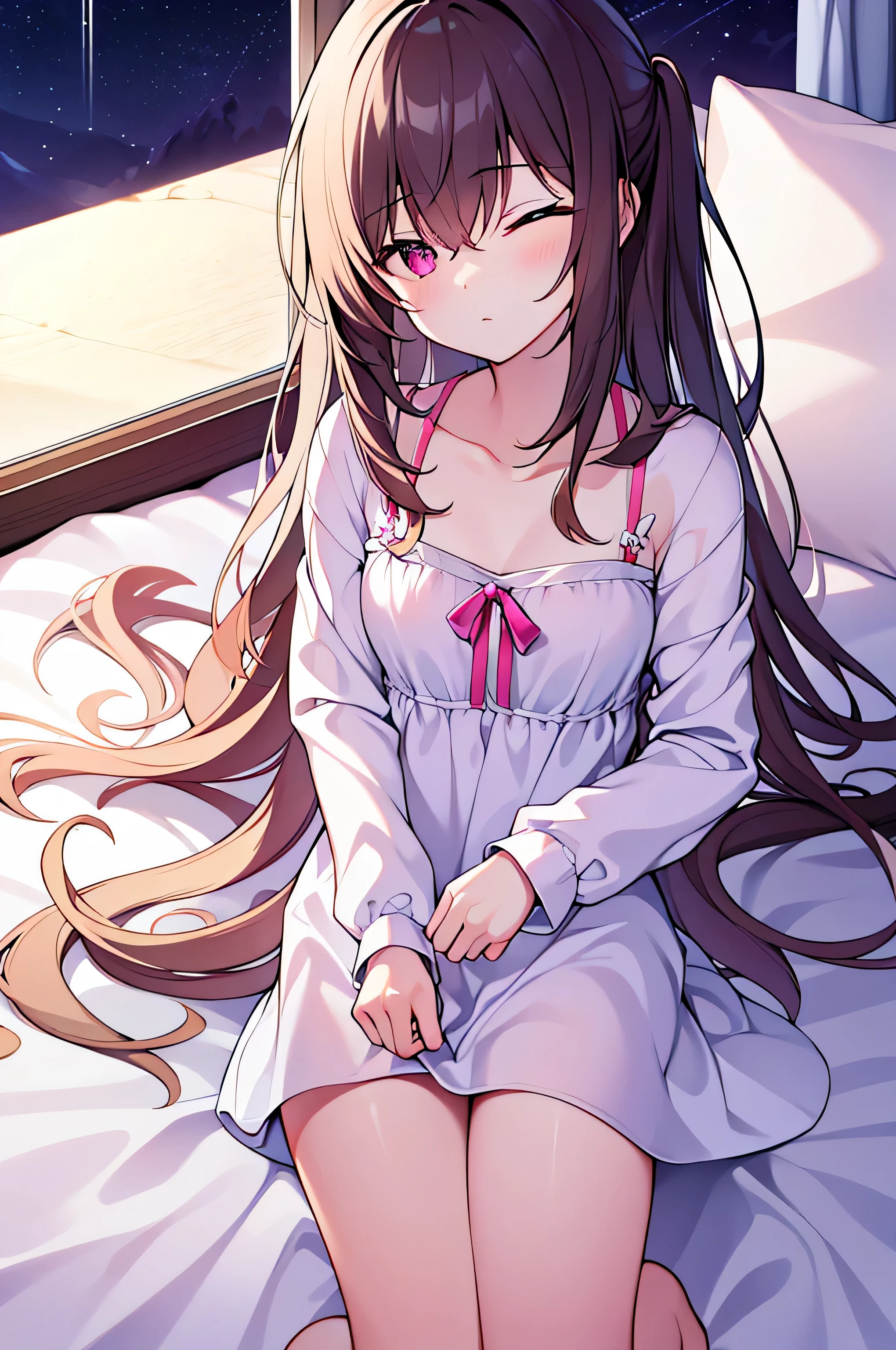 long hair, Bangs, sleep with eyes closed,Windows，Romantic starry sky，A shooting star passed by,pink nightgown,White string underwear,barefoot,Sleeping on your back in bed,night,Sleep with your head on the pillow,darkroom,night, moonlight,
rest indoors, bedroom,
rest (masterpiece:1.2), best quality, High resolution, unified 8k wallpaper, (number:0.8), Very rich facial details, perfect lighting, Very detailed CG, (perfect hands, perfect anatomy),