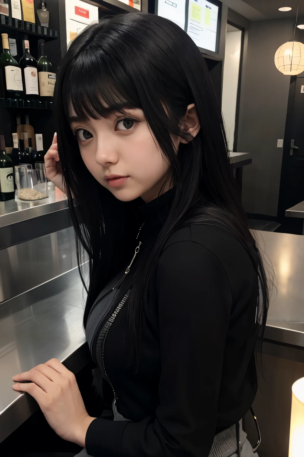Hinata Hyuuga usando moleton preto, black pants, em um bar