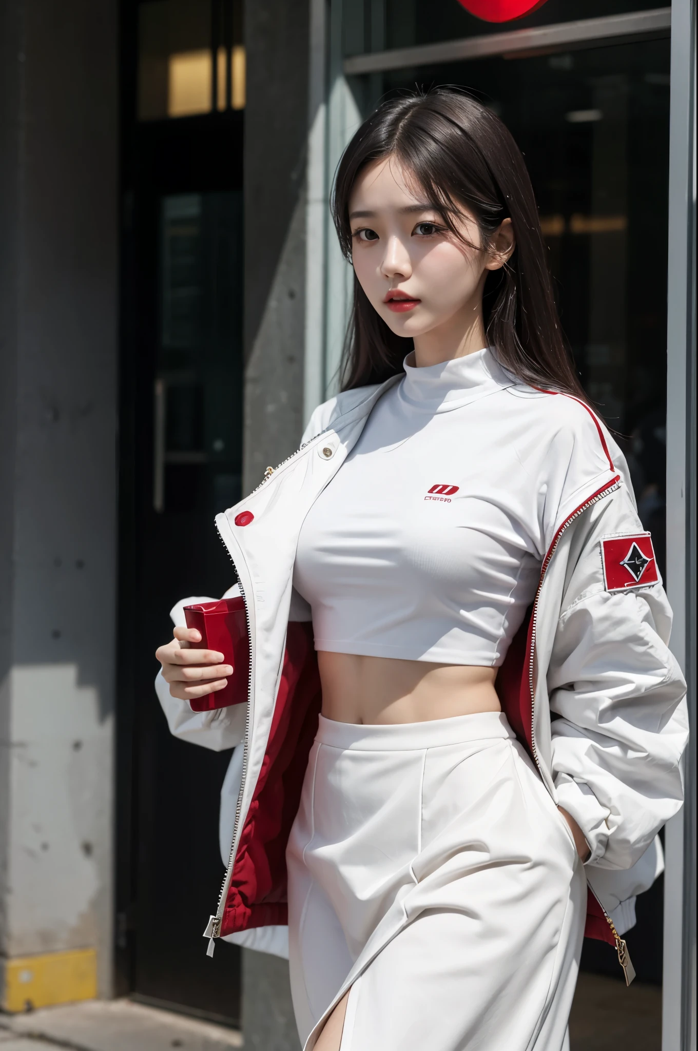 Arafe woman walking down the street wearing white top and red jacket, black skirt, korean beauty, poop head, different actions,