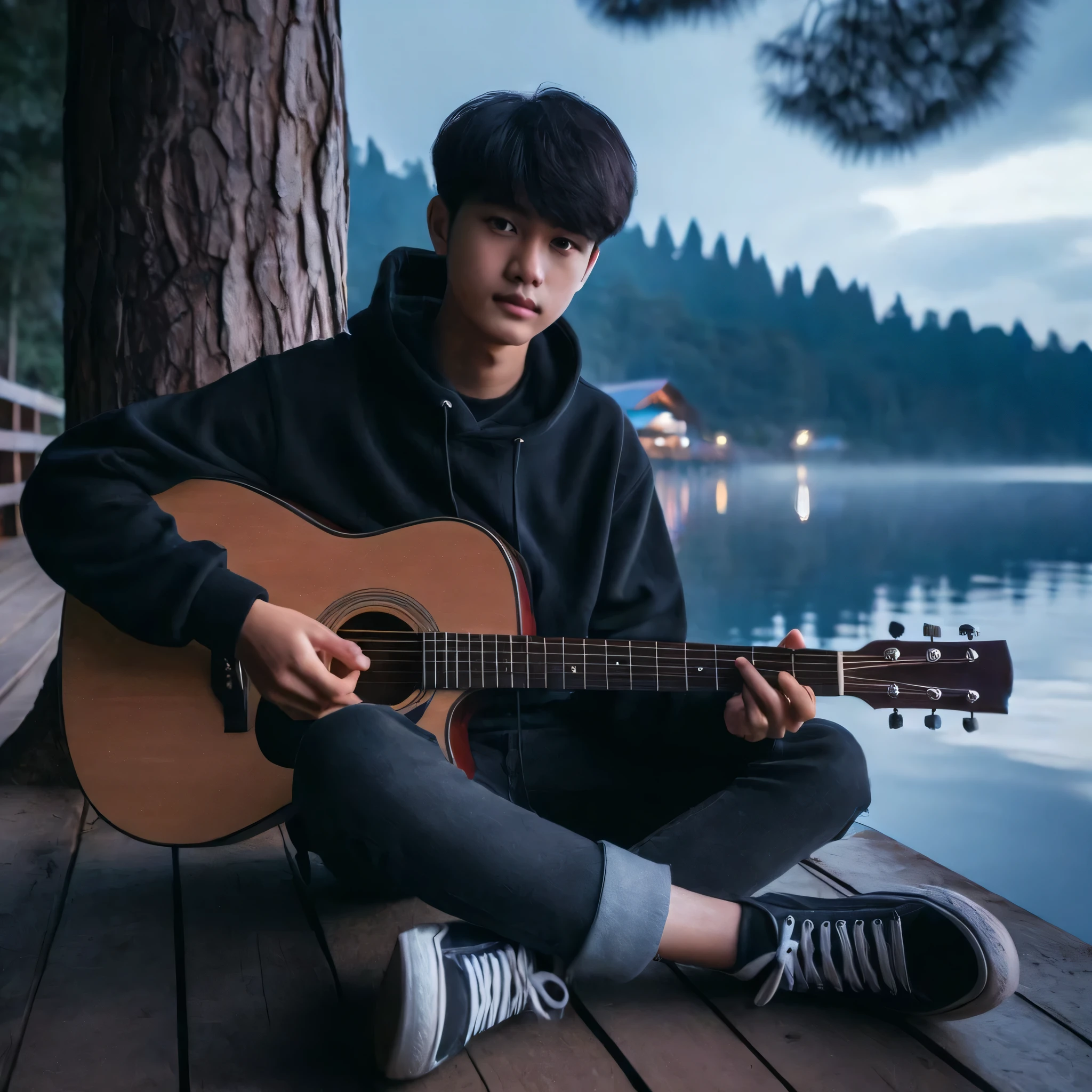 long distance photo, wide angle portrait, 15 year old Indonesian man with short bangs. wearing black hoodie professional black jeans sitting on the pier playing guitar, sitting relaxed in front of the lake, under the tree, bokeh background with forest in the distance, lake with twilight reflection, looking at the camera