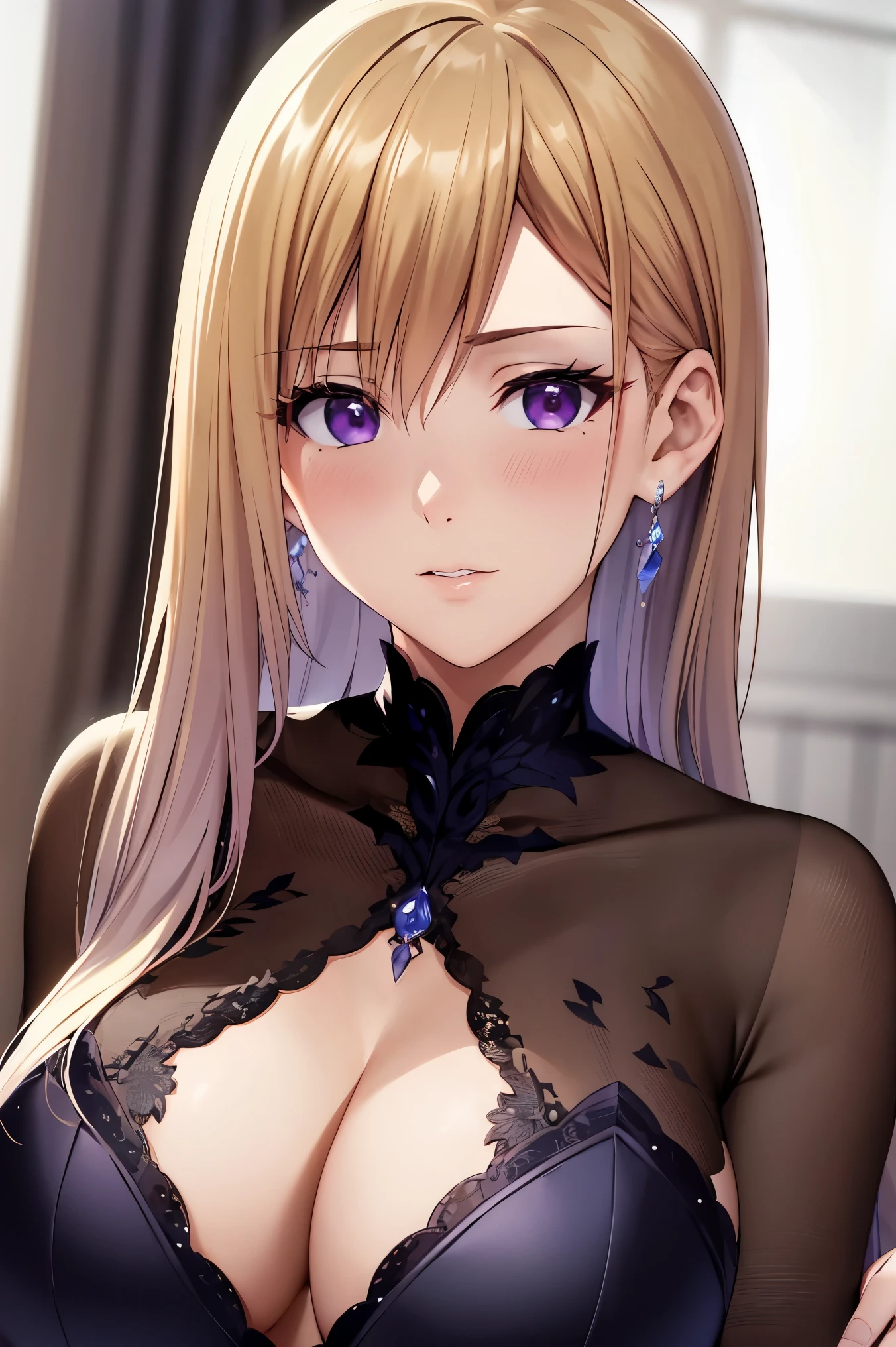 masterpiece, (best quality), 1woman,1girl ,1boy,,kawakami_mai,    blonde hair,  long hair, hair let down,  purple eyes, formal dress, white dress,   jewelry, necklace, earrings, large breasts, mole under eye, embarrassed,blush,  formal ,   vibrant colors ,,natural lighting  ,RTX,  , beautiful, (detailed face:1.2), showcase, (perfect eyes:1.1) ,(photorealistic:1.1), 8k uhd,  looking at viewer, indoorackround