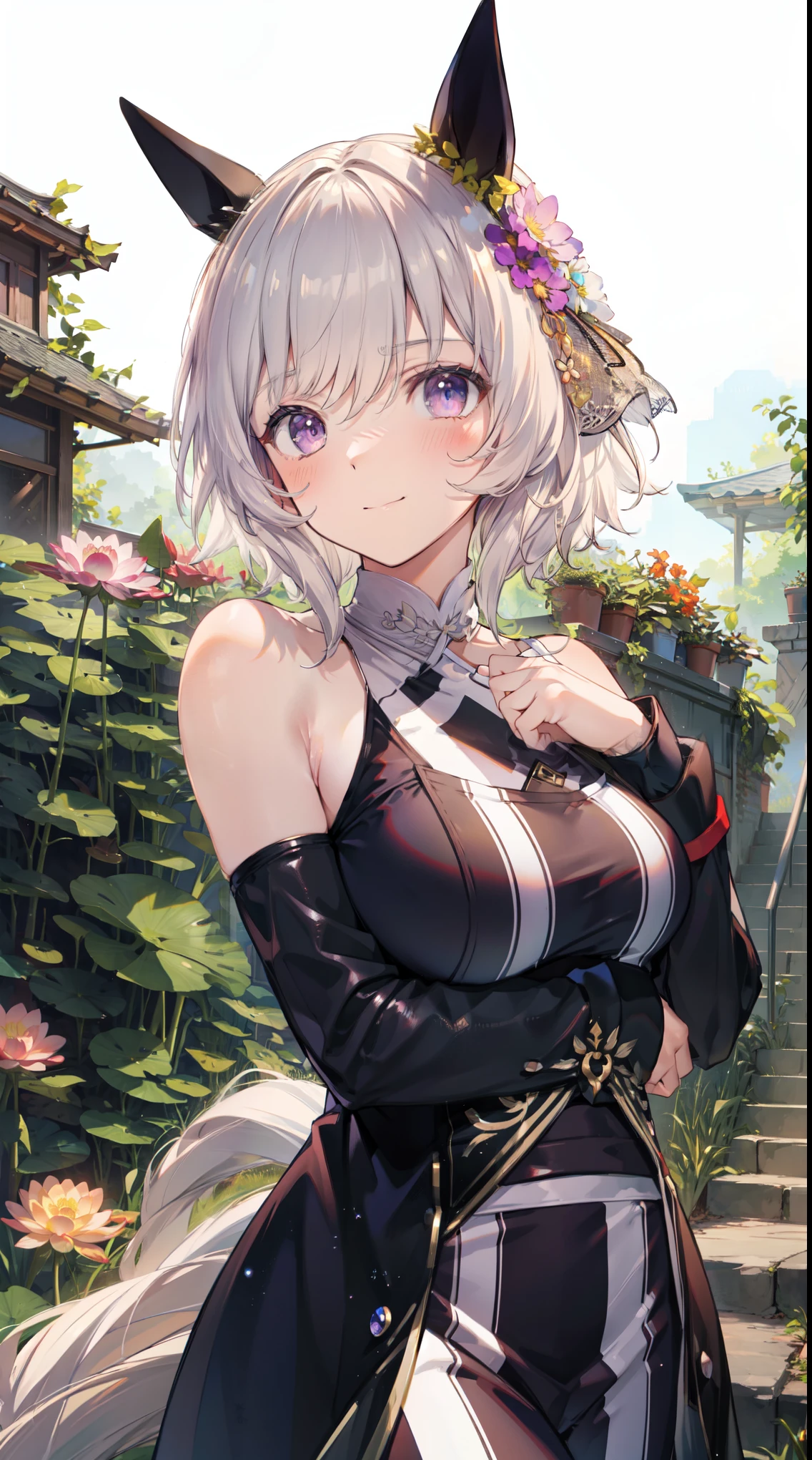 best quality, master piece, ultra high resolution, (actual: 1.4), Xiuxian, smile, Shy, belly button, delicate makeup, flashy jewelry, horse face dress, Detailed aspect,, 1 girl, white clothes, lotus print, maple leaf print, alone, arms, (magic array: 1.2), Xiuxian, 上Half body, beautiful girl, Half body, east asian architecture, sheath, build,
