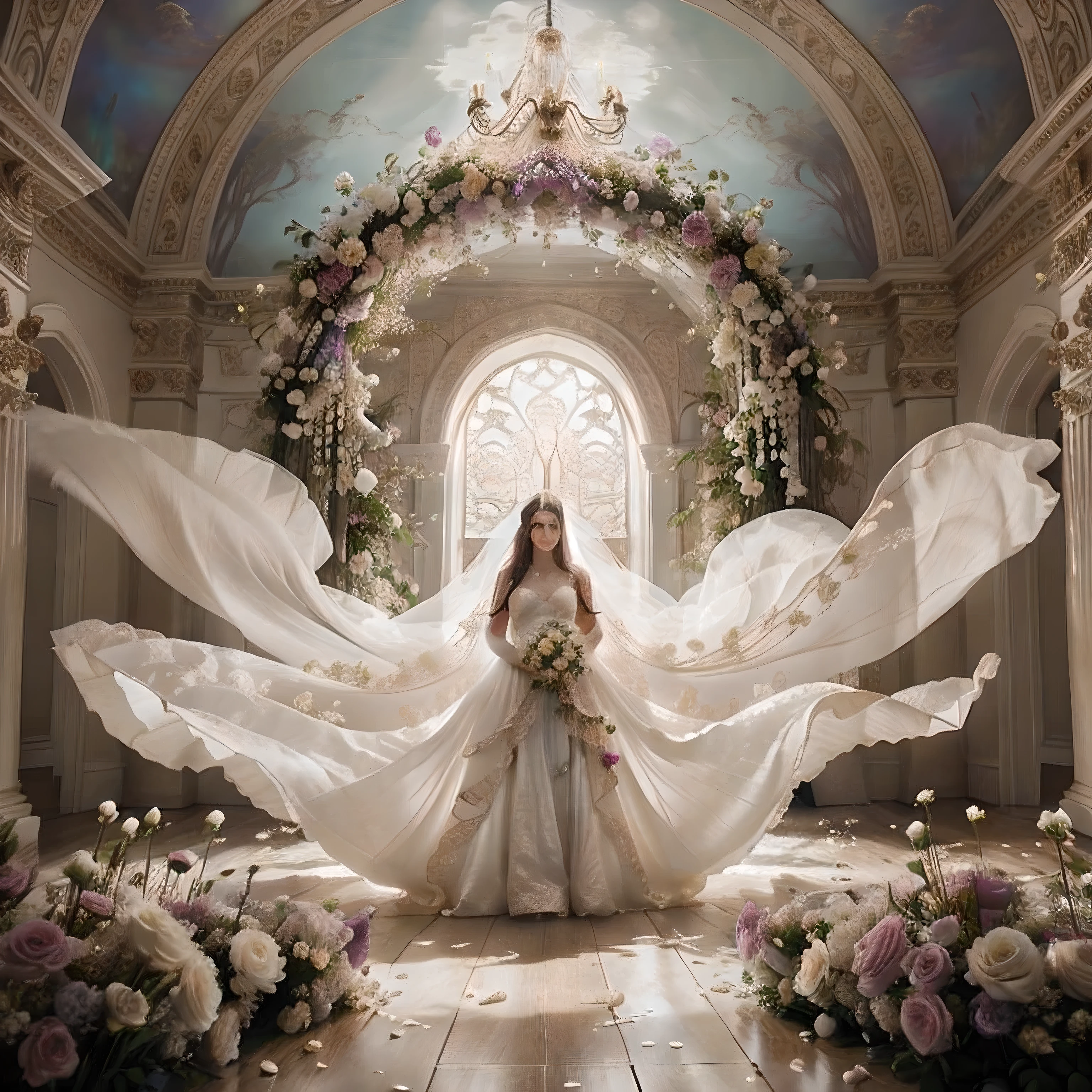 arafed woman in a wedding dress standing in a room with flowers, miss aniela, ethereal fantasy, ethereal beauty, ethereal fairytale, endless flowing ethereal drapery, dreamy atmosphere and drama, beautiful digital artwork, breathtaking fantasy art, romanticism art style, ornate and flowing, fantasy photography, dreamy art, ethereal!!!, magical atmosphere + masterpiece, beautiful fantasy art