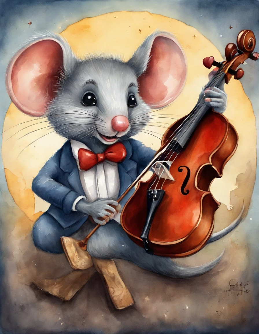 a whimsical illustrated cartoon mouse wearing a suit and, red bow tie playing a violin in the twilight with a crescent moon in the sky ., illustration, conceptual art, vibrant, graffiti, painting, cinematic

