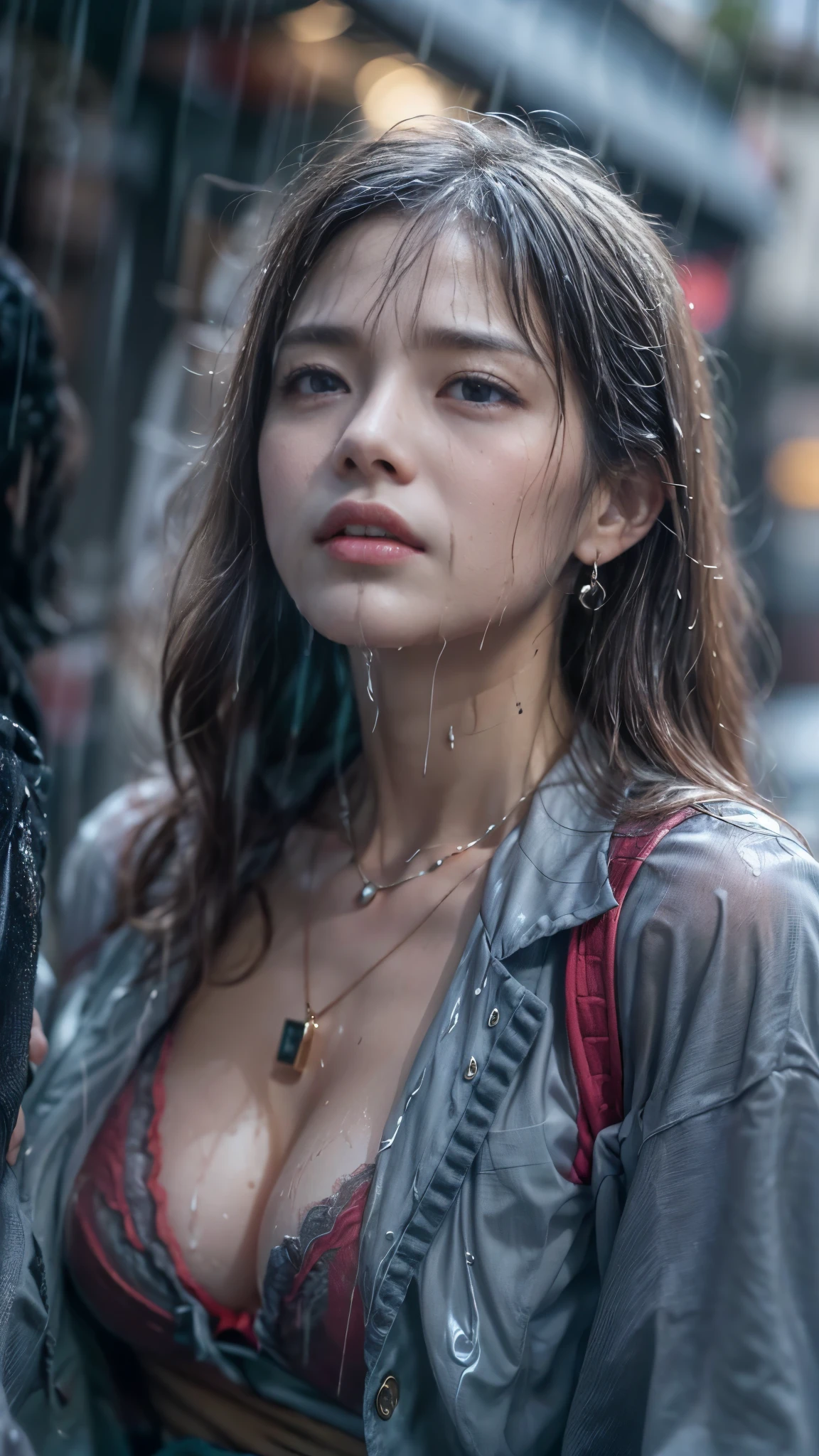 (RAW shooting, Photoreal:1.5, 8K, highest quality, masterpiece, ultra high resolution), perfect dynamic composition:1.2, Night street corner of a modern city, expression of sadness:0.5, (((Typhoon heavy rain))), Highly detailed skin and facial textures:1.2, Slim office lady wet in the rain:1.3, Fair skin:1.2, sexy beauty:1.1, perfect style:1.2, beautiful and aesthetic:1.1, very beautiful face:1.2, water droplets on the skin, (rain drips all over my body:1.2, wet body:1.2, wet hair:1.3, Wet tight skirt:1.2, wet office lady uniform:1.3), belt, (Medium chest, Bra is transparent, Chest gap), (cry, lovelorn, The expression on your face when you feel intense caress, Facial expression when feeling pleasure), (beautiful blue eyes, Eyes that feel beautiful eros:0.8), (Too erotic:0.9, Bewitching:0.9), cowboy shot, Shoulder bag, necklace, earrings, bracelet, clock