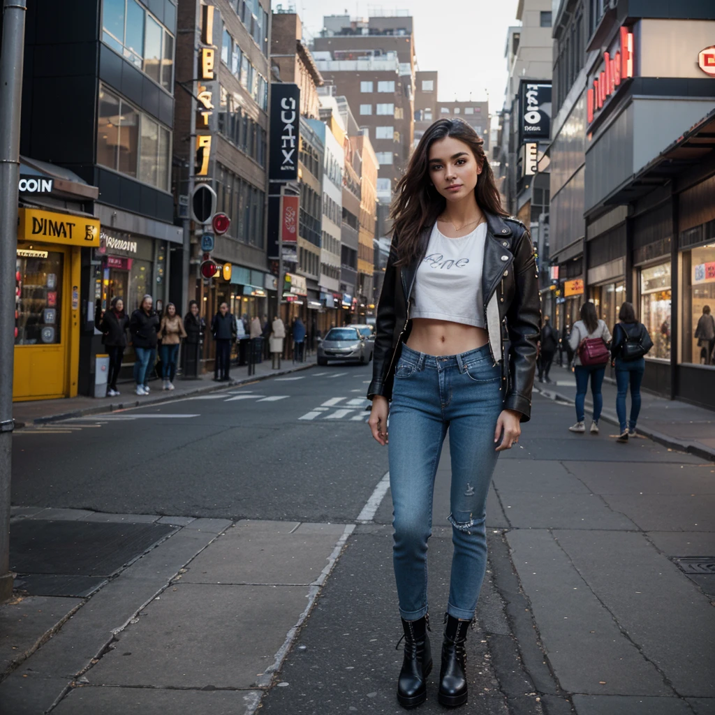 A woman, embodying urban chic, stands confidently in the heart of a bustling city street. Her outfit, a testament to trendsetting fashion, consists of a stylish leather jacket, fitted denim jeans, and edgy leather boots. Her posture radiates grace and self-assurance, drawing the eye of passersby. The streets around her come alive with vibrant colors and lively energy, seamlessly merging with the eclectic fashion statement she projects.
Cloud-white and night-indigo lights cast a contrasting glow, further accentuating the rich textures and details of her attire. In the background, a captivating blend of modern and vintage architecture gracefully