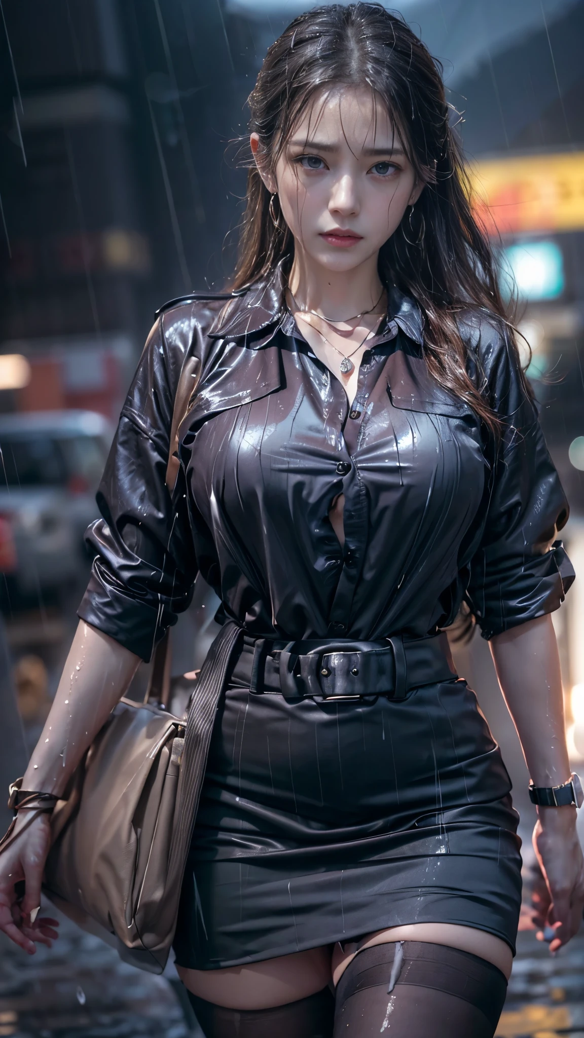 (RAW shooting, Photoreal:1.5, 8K, highest quality, masterpiece, ultra high resolution), perfect dynamic composition:1.2, Night street corner of a modern city, expression of sadness:0.5, (((Typhoon heavy rain))), Highly detailed skin and facial textures:1.2, Slim office lady wet in the rain:1.3, Fair skin:1.2, sexy beauty:1.1, perfect style:1.2, beautiful and aesthetic:1.1, very beautiful face:1.2, water droplets on the skin, (rain drips all over my body:1.2, wet body:1.2, wet hair:1.3, Wet tight skirt:1.2, wet office lady uniform:1.3), belt, (Medium chest, Bra is transparent, Chest gap), (cry, lovelorn, The expression on your face when you feel intense caress, Facial expression when feeling pleasure), (beautiful blue eyes, Eyes that feel beautiful eros:0.8), (Too erotic:0.9, Bewitching:0.9), cowboy shot, Shoulder bag, necklace, earrings, bracelet, clock