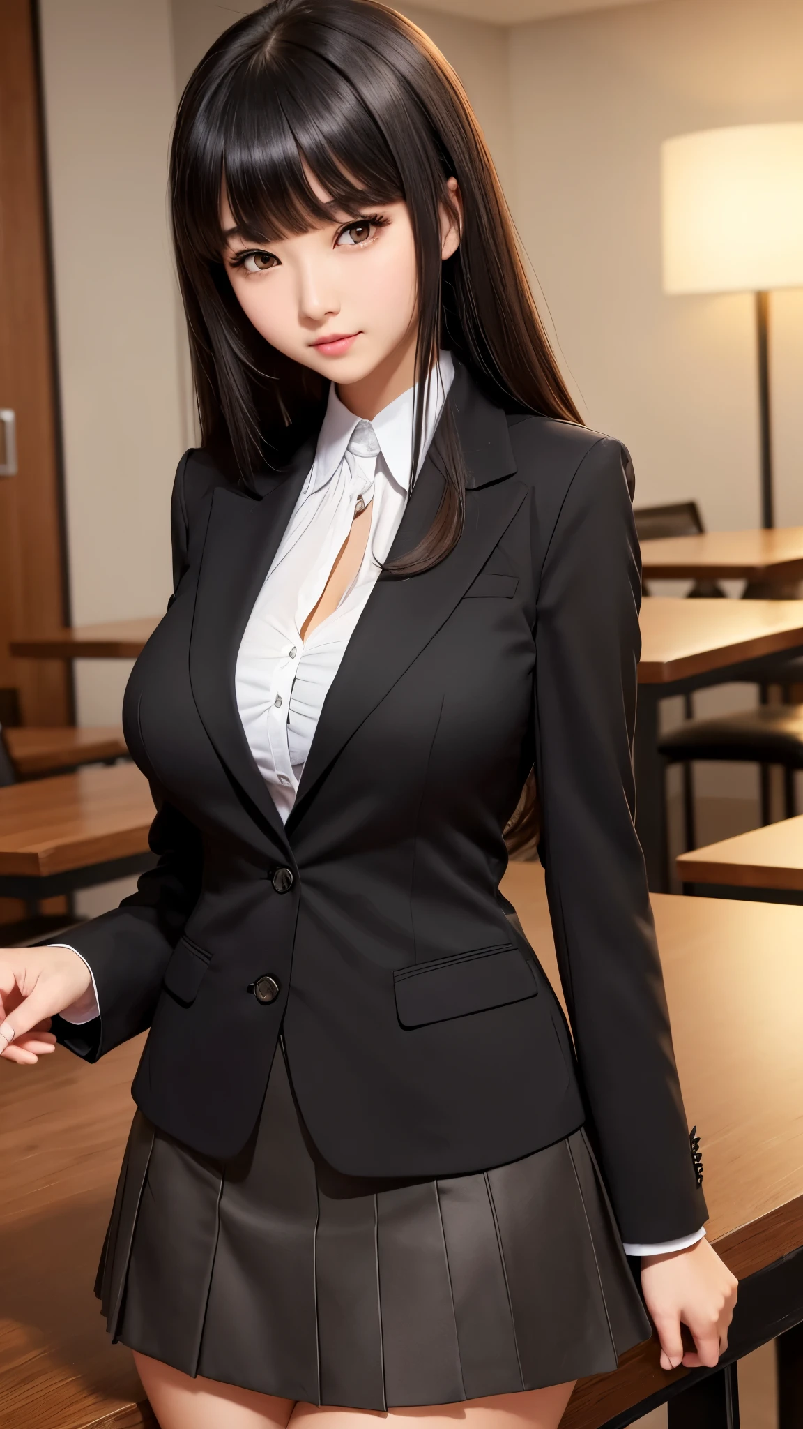 ((high quality)), ((table top)), (detailed face), (highlight), female、Big breasts、blunt bangs、black hair、skirt、blazer