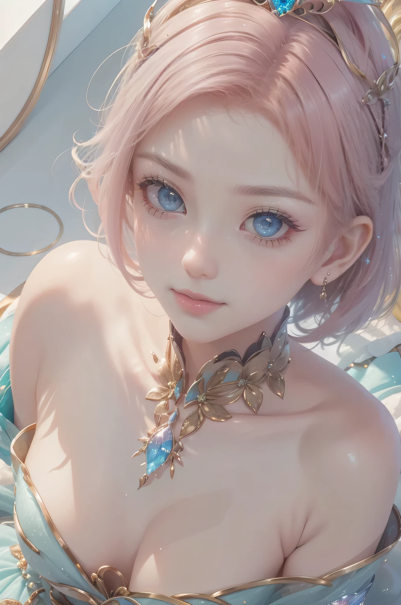 overhead view，from directly above，face focus star piece, highest quality, morning, sunlight, peony pink hair, Princess, tiara，performer, fantastic dream colors, dream light, best smile，最High resolution，High resolution，highest quality, beautiful graphics, Super detailed