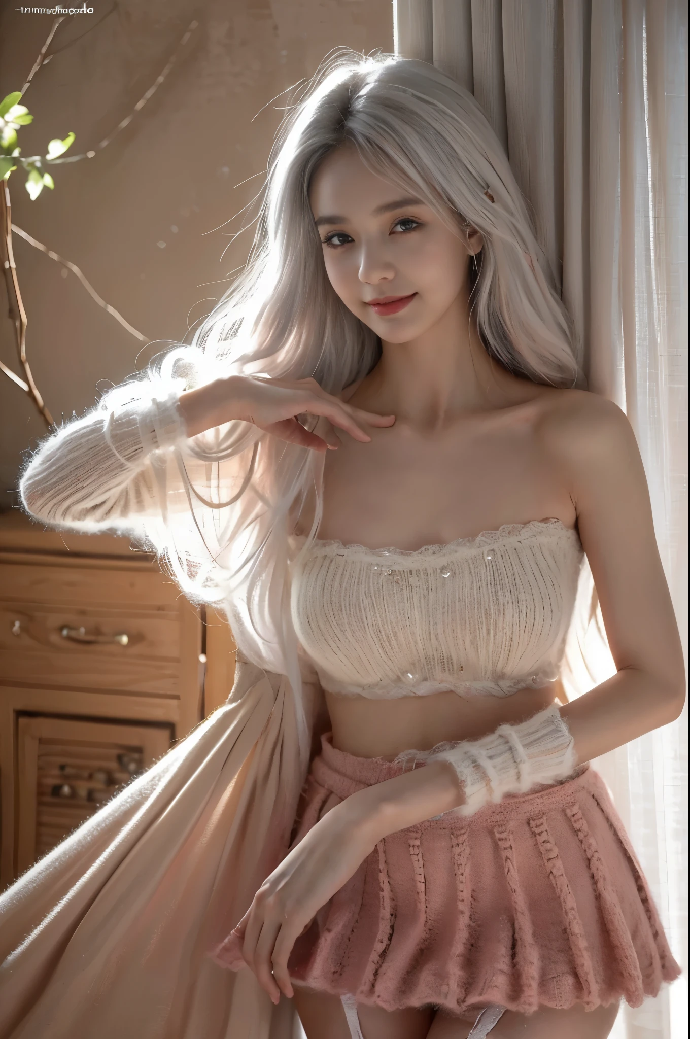 ((tmasterpiece:1.4)、(quality:1.4)、(Realistic:1.7))、Royo(Royo)A surreal portrait of The beautiful girl、A super beautiful girl、((1 girl in:1.4))、Glowing and natural looking skin texture、Author Royo(Royo)、19years old、(Two arms:1.4、Two legs:1.4)、(perfect anatomia:1.4)、(Perfect female body:1.4)、A portrait photo of a girl、Closeup photo body shot:1.4), (highest quality:1.4), (actual:1.7), Royo, The beautiful girl, A super beautiful girl, ((1 girl in:1. 4), Glowing and natural looking skin texture, Author Royo, 19years old, (Perfect female body: 1.4), (Perfect female body: 1.) 4), A portrait photo of a girl, Close-up photo body photo), Fantasyart, soft front lighting, The beautiful expression, Kawaii face, The beautiful, Large full-breasted: 1. 2, The beautiful butt, Fine Eye, Clear and eye-catching, Beautiful and, pretty eyes, big breasts thin waist, RAW photogr, Redlip, ((White hair, long whitr hair)) , 1 screen view, ),((Off-the-shoulder hand-knitted sweater))、((Pink tight skirt))、 (sexyposture), (Milky Way in the sky),((T-back garters and garters))、(A smile)、