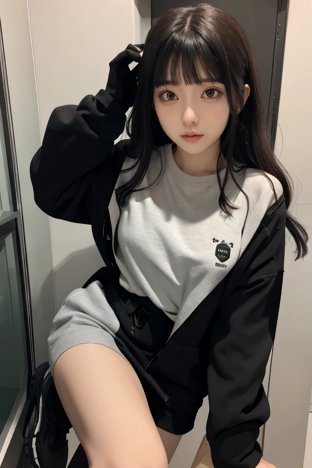 One Girl, Cute Japan high school student, Adorable high school student, Innocent look, Low Ponytail, ((Cat ear)), Heavy Metal Fashion, Put your hair up, Black lipstick, My Room