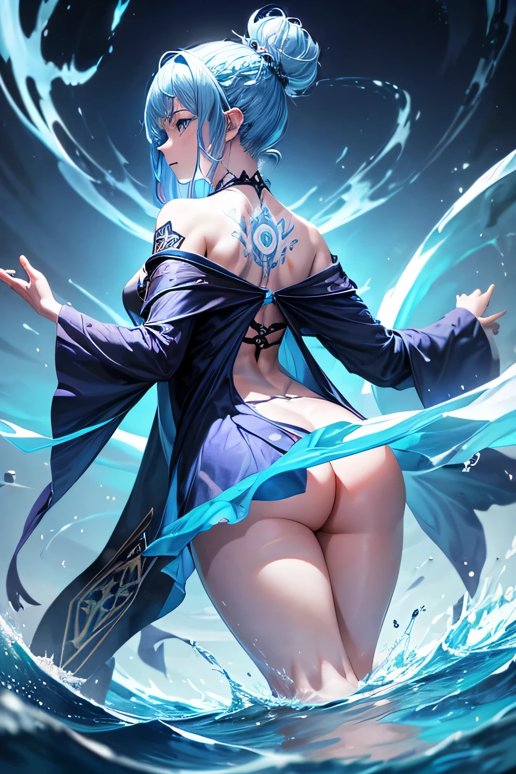 Rear view、cloak、anger、splash of water、storm、female organ、pubic hair、、Blue tattoo、front、Beautiful Girl Magician、(((light blue hair up style)))、((whole body))、(((photo taken from below)))、magic circle、background is sky