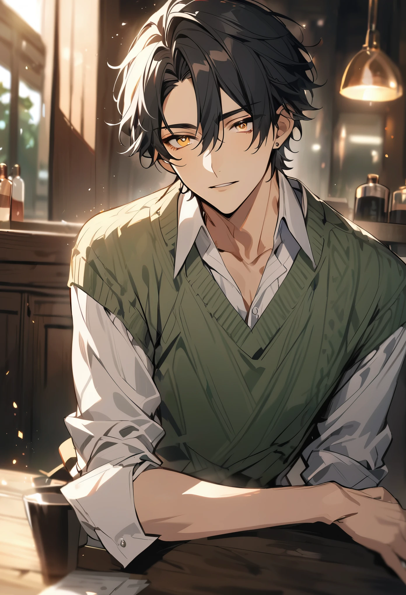 The scene of a drunken man. His figure fell on the table, seemingly drunk and unconscious. The background of the whole picture is the environment of a bar or pub, and details such as tables and bottles can be seen, creating a strong pub atmosphere.