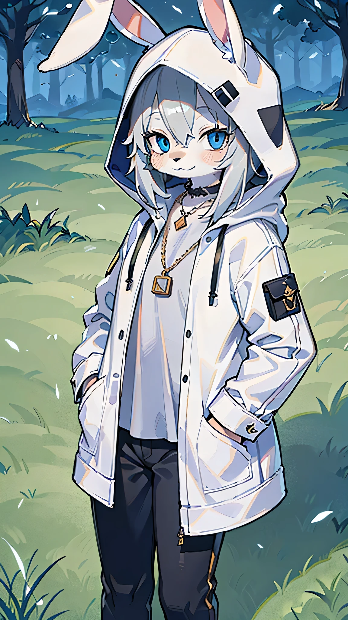(masterpiece, highest quality), intricate details, 8K, rabbit ears, whole body, male, blue eyes, Normal body type, grassland, anime, expensive, gray hair, white coat and black pants, furry, in the middle, smile, Wearing a white hood,　Golden Necklace