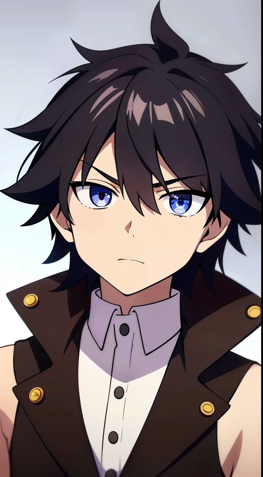 (high-quality, breathtaking),(expressive eyes, perfect face) 1boy, male, solo, age 12, ??? age, masculine face, dark brown color hair, purple eye color, spiky hair, medium long hair length, relaxed expression, 4" Height, childlike face, modern clothing, brown sleeveless jacket, fluff jacket, Symmetrical Eyes, portrait, headshot, wide shot, black background, grey background, narrow eyes,
