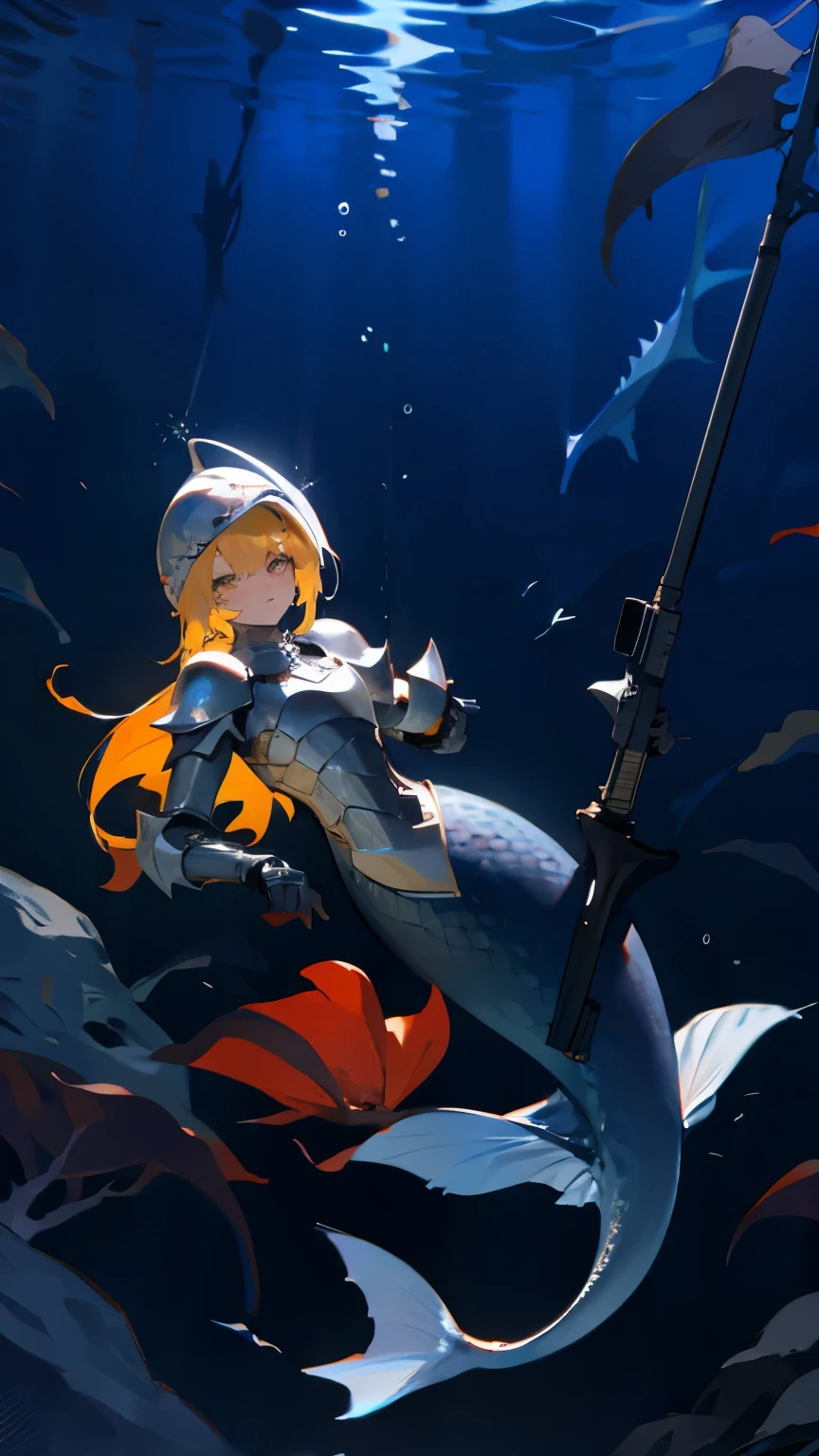 blonde girl，wearing a helmet，In the deep sea，The lower body is a mermaid，wearing armor，knight，Rifle in hand