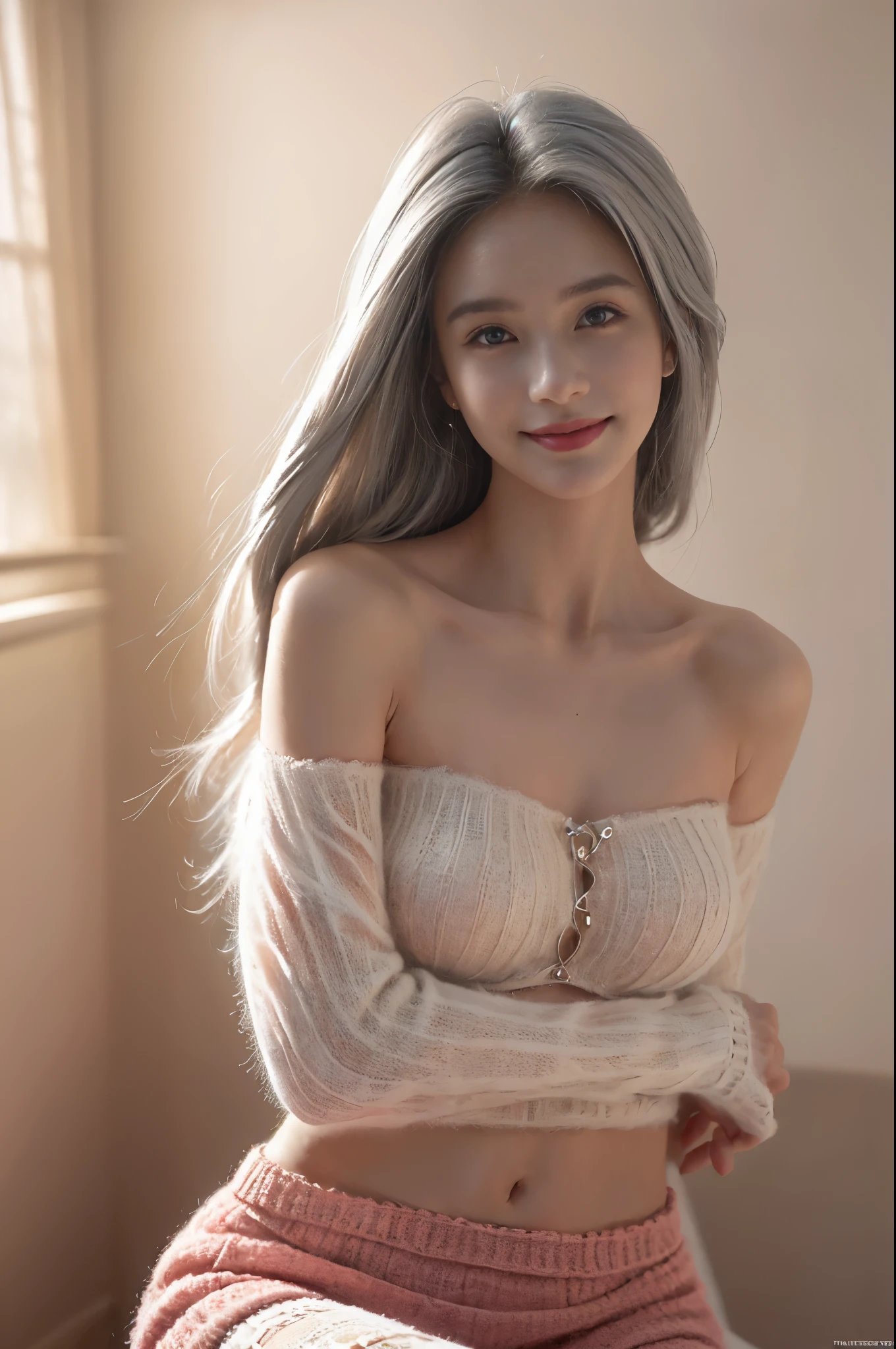 ((tmasterpiece:1.4)、(quality:1.4)、(Realistic:1.7))、Royo(Royo)A surreal portrait of The beautiful girl、A super beautiful girl、((1 girl in:1.4))、Glowing and natural looking skin texture、Author Royo(Royo)、19years old、(Two arms:1.4、Two legs:1.4)、(perfect anatomia:1.4)、(Perfect female body:1.4)、A portrait photo of a girl、Closeup photo body shot:1.4), (highest quality:1.4), (actual:1.7), Royo, The beautiful girl, A super beautiful girl, ((1 girl in:1. 4), Glowing and natural looking skin texture, Author Royo, 19years old, (Perfect female body: 1.4), (Perfect female body: 1.) 4), A portrait photo of a girl, Close-up photo body photo), Fantasyart, soft front lighting, The beautiful expression, Kawaii face, The beautiful, Large full-breasted: 1. 2, The beautiful butt, Fine Eye, Clear and eye-catching, Beautiful and, pretty eyes, big breasts thin waist, RAW photogr, Redlip, ((White hair, long whitr hair)) , 1 screen view, ),((Off-the-shoulder hand-knitted sweater))、((Pink tight skirt))、 (sexyposture), (Milky Way in the sky),((T-back garters and garters))、(A smile)、