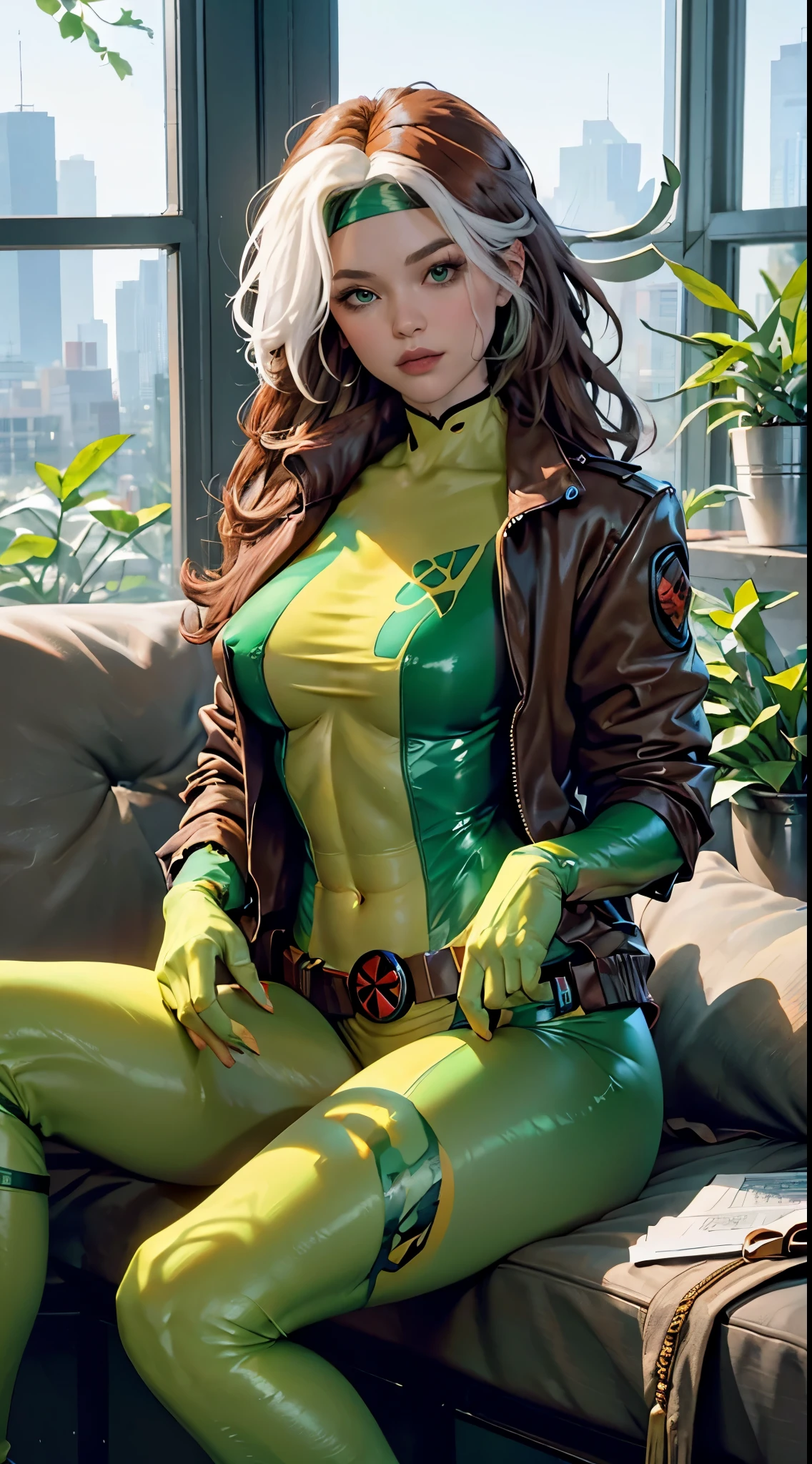 (masterpiece, best quality:1.2), classicrogue, 1girl, solo, long hair, breasts, smile, large breasts, brown hair, green eyes, jacket, big hair, white hair, multicolored hair, parted lips, open clothes, belt, two-tone hair, open jacket, lips, bodysuit, covered navel, makeup, muscular, headband, abs, skin tight, multicolored clothes, muscular female, dyed bangs, multicolored bodysuit, green bodysuit, yellow bodysuit, butterfly, bug, window, sitting, indoors, plant, book, laptop, computer, couch, looking at viewer, closed mouth, blurry, blue butterfly, potted plant, building, expressionless, depth of field, book stack, day