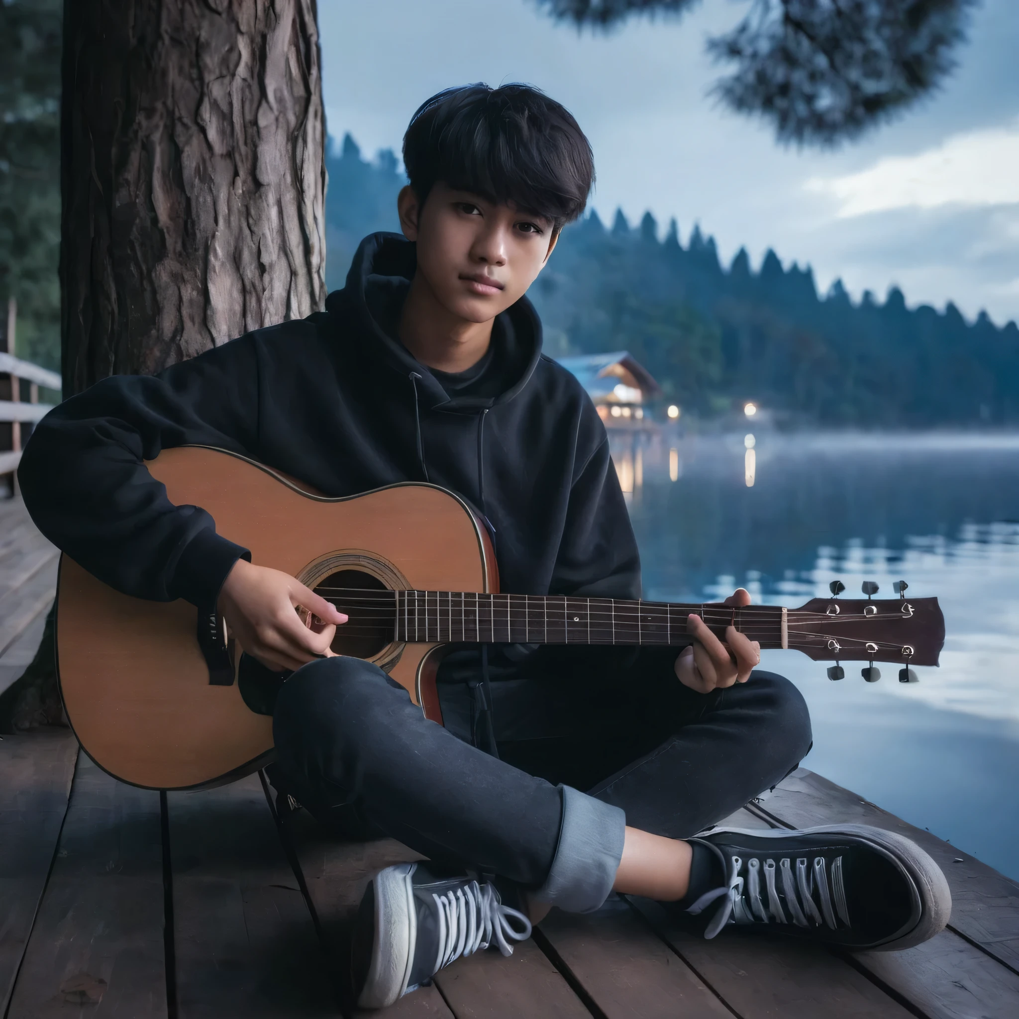 long distance photo, wide angle portrait, 15 year old Indonesian man with short bangs. wearing black hoodie professional black jeans sitting on the pier playing guitar, sitting relaxed in front of the lake, under the tree, bokeh background with forest in the distance, lake with twilight reflection, looking at the camera