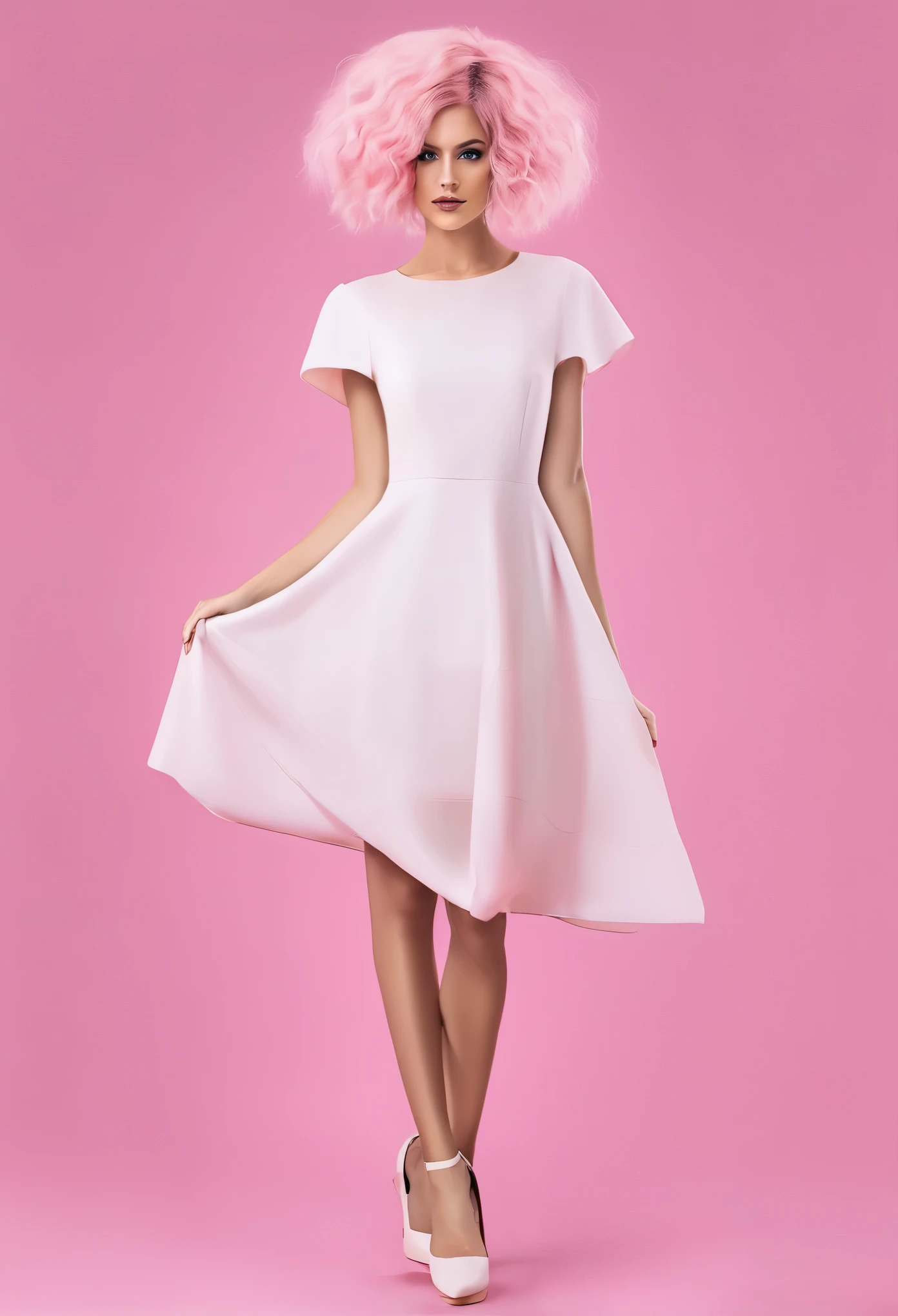 Mujer, con el pelo corto color rosa, vestido blanco