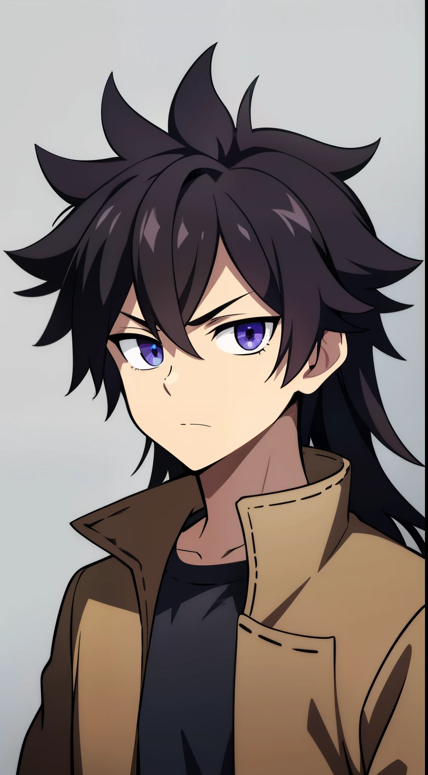 (high-quality, breathtaking),(expressive eyes, perfect face) 1boy, male, solo, age 12, kid age, masculine face, dark brown color hair, purple eye color, spiky hair, medium long hair length, relaxed expression, 4" Height, childlike face, modern clothing, brown sleeveless jacket, fluff jacket, Symmetrical Eyes, portrait, headshot, wide shot, black background, grey background, narrow eyes,
