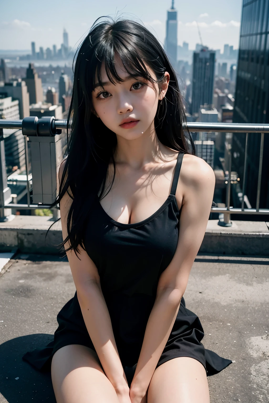 Hinata Hyuuga, girl on top of a building, sozinha olhando para o horizonte, cidade no horizonte, melancolia, tristeza, olhando para os predios e arranha ceu no horizonte, Chaotic city, luzes neon, cidade estilo new york city, luzes neon