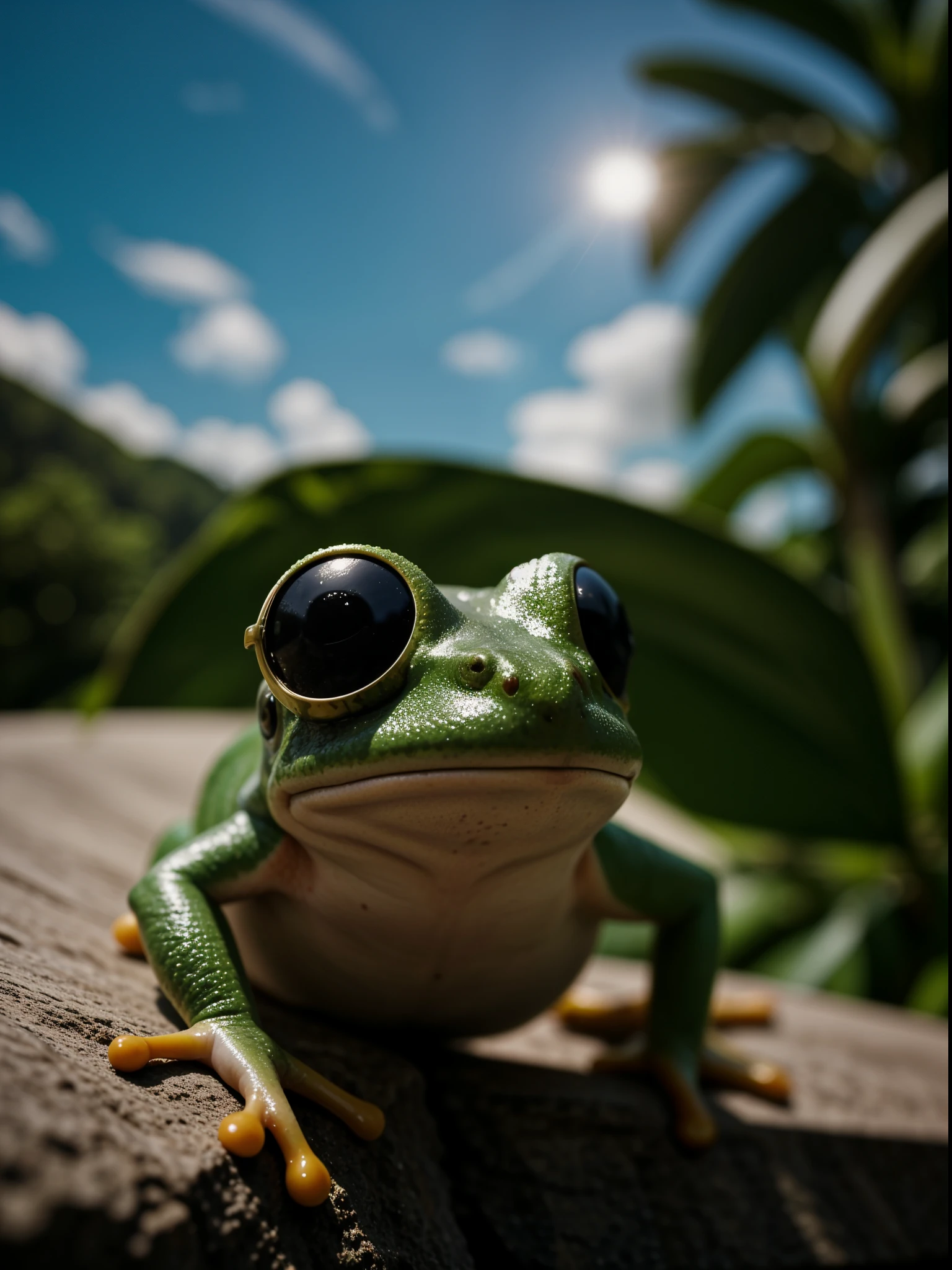 Hyper-detailed photograph of a frog wearing sunglasses under a tropical sky, day time,|photographic, realismo llevado al extremo, textura fina, incredibly realistic, cinematographic, Large Format Camera, realismo photographic, DSLR, 8k hd, HDR, ultra detallado, alta calidad, alto contraste