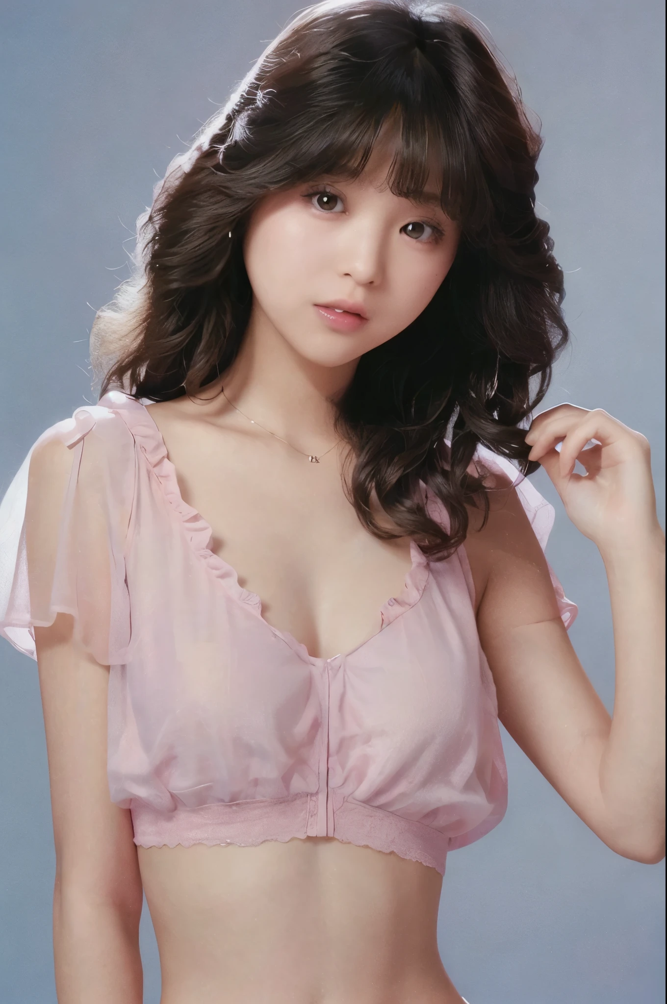 (masterpiece, realistic, ultra high resolution, high quality:1.2),25 year old girl, (young),(no makeup), (pink blouse:1.3),Fluffy blouse、Fluffy blouse、blouse has no buttons、(oversized breasts)、best breasts、biggest 、(blue bra:1.3),Fluffy bra、sheer ruffle bra、black hair, hair is curled outside、Hair curls outward、small curl hair、wedding veil、portrait, (full body) , old photograph, 80'Style , dynamic pose, studio, (seikomatsuda:1.2)