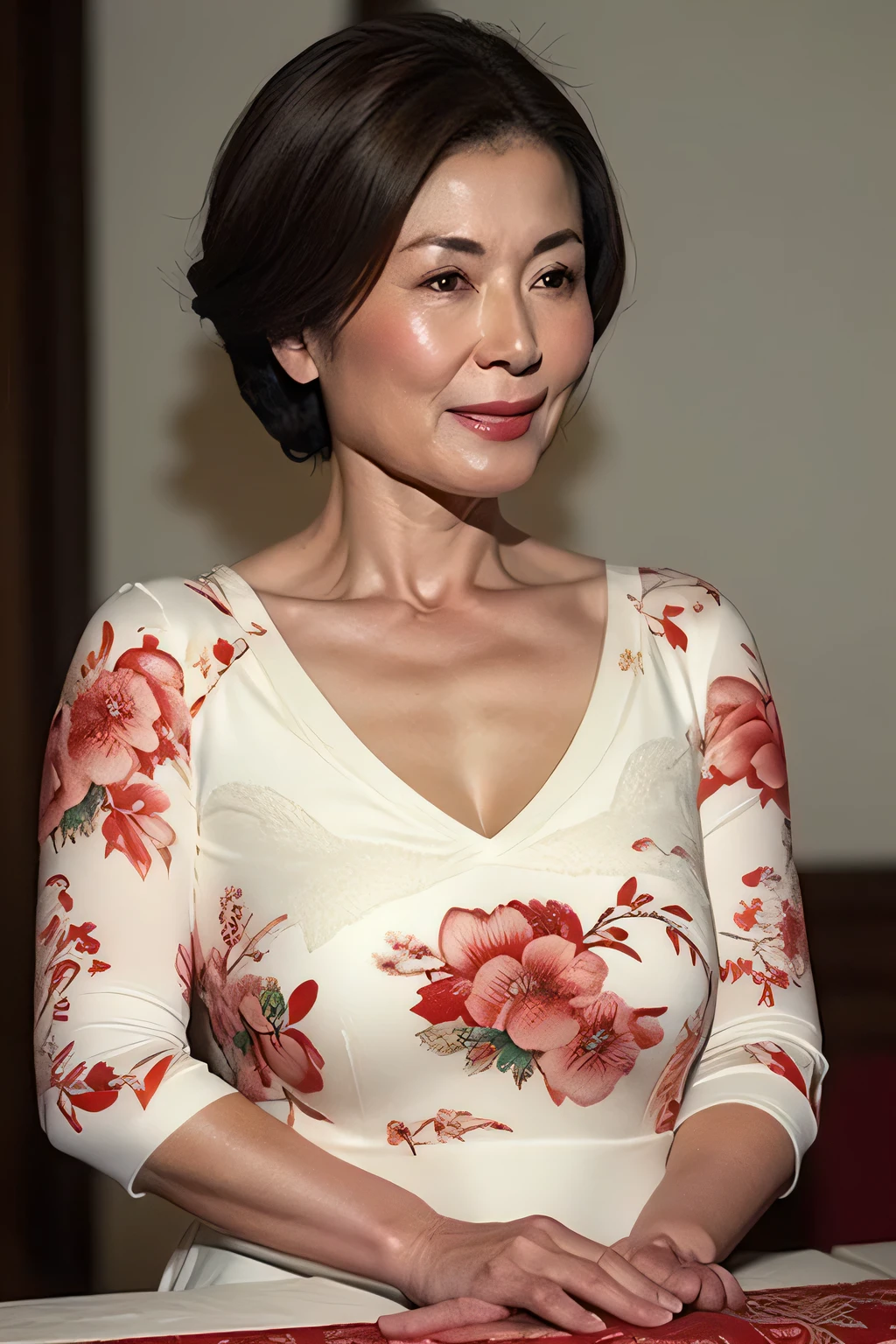 Intaglio print, from chest up, On table, Top quality, very detailed, realistic, Very smooth skin, perfect anatomy, (1 mature Japanese woman), 75 years old, Big breasts, mature career woman in red wedding dress, charismatic , sexy, whitish skin color, looking at me