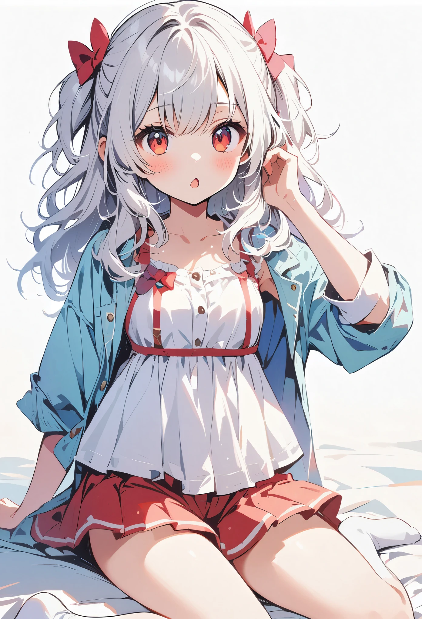 age girl,Lovely,White hair,red eyed,messy hair,Hair is dull,big white legs,Inverted V-shaped mouth