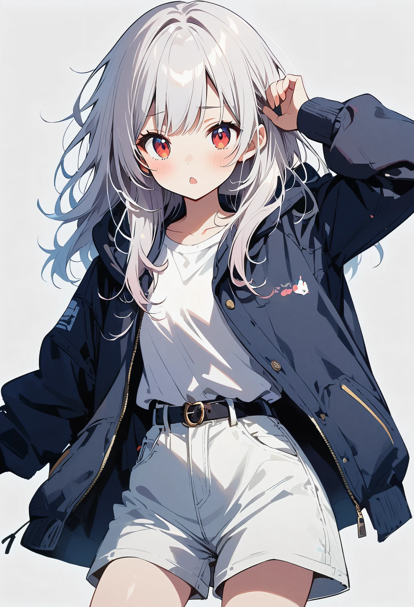teenage girl,Lovely,White hair,red eyed,messy hair,Hair is dull,big white legs,Inverted V-shaped mouth