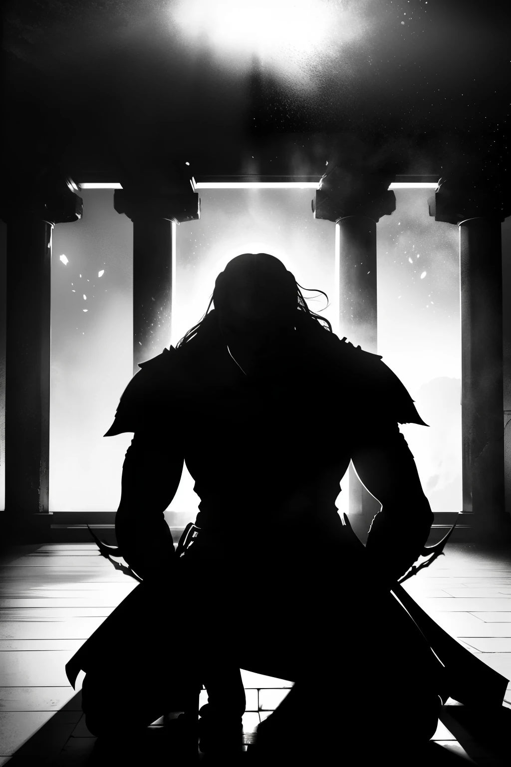 Silhouette of a man, kneeling in profound prostration, exuding a sense of defeat, in an empty and desolate room shrouded in black and white hues, highlights accentuating his form. The end of an arduous journey or the bitter conclusion of a lost battle, as depicted on the final game screen of a warrior character. A poignant moment of surrender, bathed in the soft contrast of light and shadow. (masterpiece:1.2), (detailed:1.3), (realistic:1.4), (monochromatic:1.5), (cinematic lighting:1.6), (high contrast:1.7)