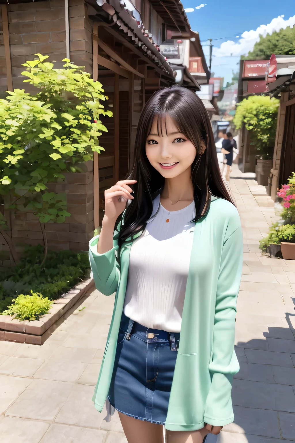 Asian woman standing in front of a colorful area, Wenfei Ye, Chen Xintong, Shishionwu, louise chan, Liu Chengyou, Chiho, Qi Fenglin, 8K)), Zhang Pengzhen, Photos taken in 2020, colorful picture, chichawan, Wear a long cardigan, mini skirt, bangs