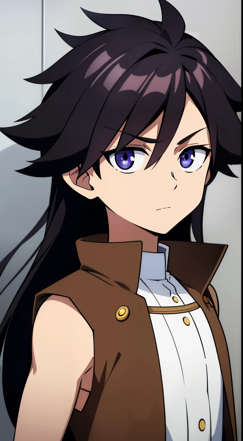 (high-quality, breathtaking),(expressive eyes, perfect face) 1boy, male, solo, , masculine face, dark brown color hair, purple eye color, spiky hair, medium long hair length, relaxed expression, 4" Height, childlike face, modern clothing, brown sleeveless jacket, fluff jacket, Symmetrical Eyes, portrait, headshot, wide shot, black background, grey background, narrow eyes,