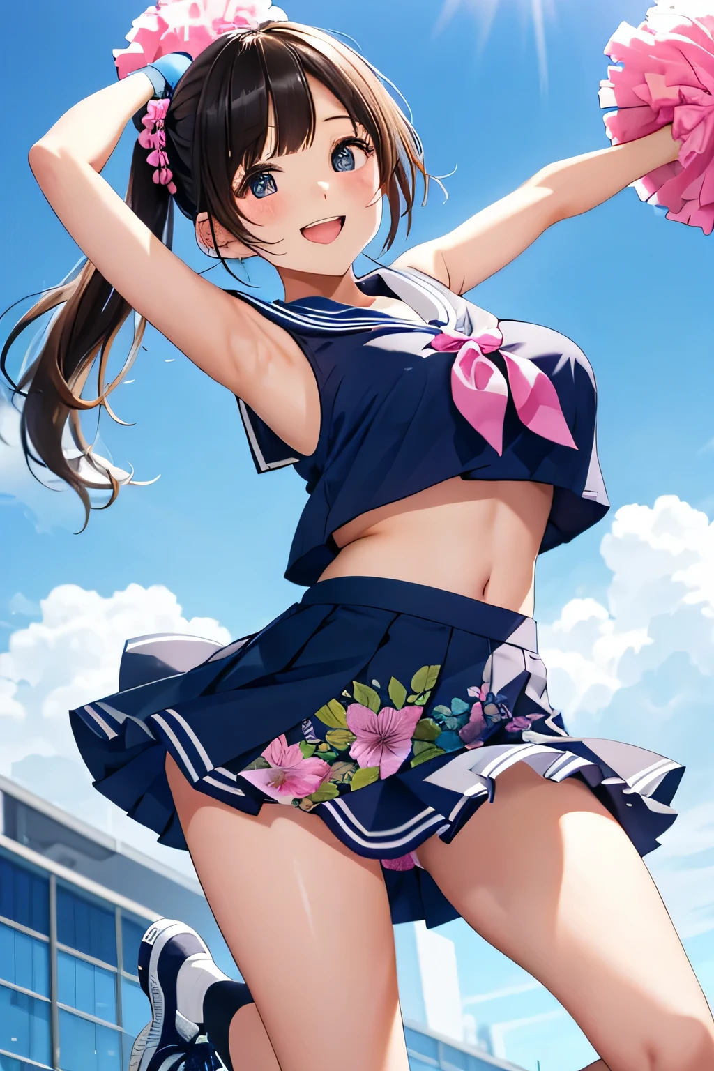 highest quality、High resolution、detailed background、cute10代の女の子、two beautiful girls、brown hair、bob cut、braided ponytail、(huge breasts:1.3)、perfect body line、big ass、vast sky、jump and fly in the sky、(Cheerleader、I&#39;We&#39;re rooting for you)、(pom pom:1.2)、(emphasize the chest、emphasize the underboob)、legs open、panty shot、cute、elation、
(シースルー素材のsleeveless sailor suit:1.2)、(see-through skirt:1.2)、sleeveless sailor suit、
sailor color, This is a characteristic of sailor uniforms., Cheerleaderのユニフォームにも使われています.、
It is common to incorporate navy or black lines into white colors.、
一般的なsailor colorはV字型またはU字型が特徴です。.、
Sailor uniform tops and skirts are generally bright and vibrant colors.、
Cheerleaderも同様です. Incorporating bright colors such as pink、, yellow, And blue, you can show off your vitality and cuteness.、
Cheerleaders&#39; Sailor uniform skirts are basically super mini length..、
Sailor uniform tops often have a ribbon or tie..、
This creates a cute and stylish accent to your uniform.、

stripe々Floral embroidered panties、pink floral embroidered bra、emphasize the underboob、I can see the underboob、angle from below、Low - Angle、とても幸せな表情でIを見てください、open your mouth and smile、smile、healthy、healthyふともも、Healthy and beautiful、legs open、show one&#39;~ side、panty shot、cute