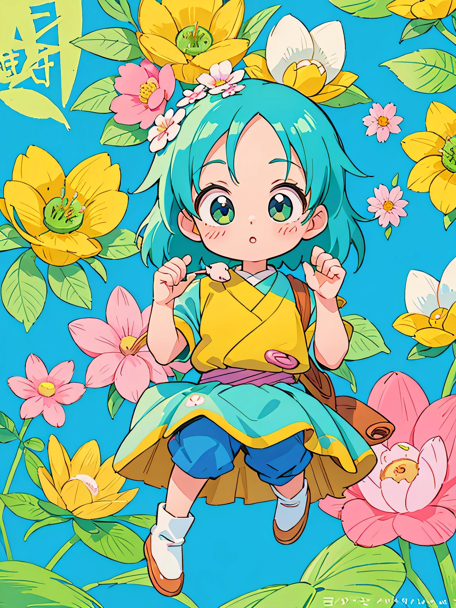 akira toriyama style, Kawaii Design, most beautiful girl ever、Chibi、colorful flowers、beautiful spring afternoon、birdie、 (((highest quality))), ((Detailed details)), ((masterpiece))、((Super detailed))