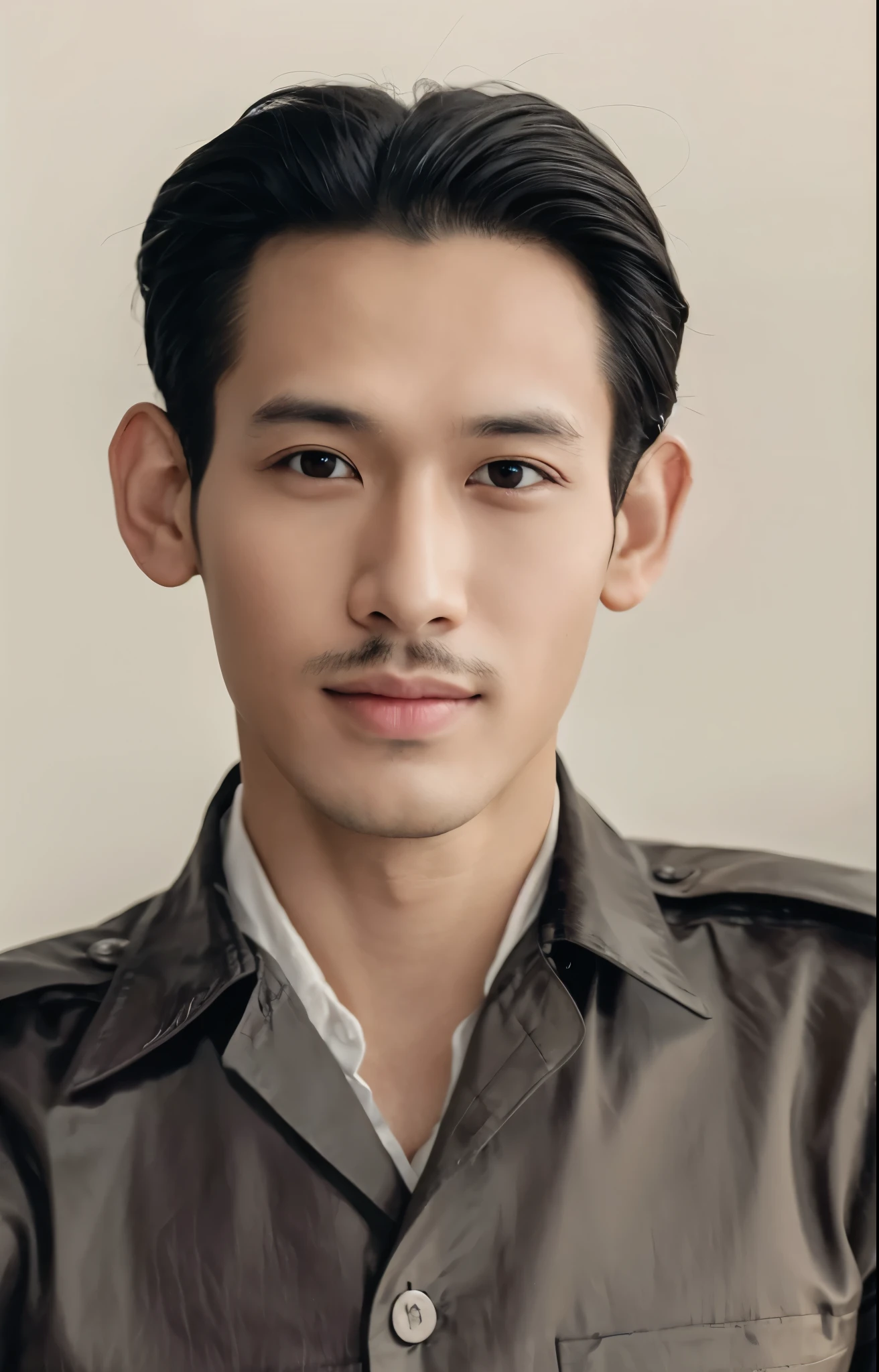 (best quality,4k,8k,highres,masterpiece:1.2), ultra-detailed, (realistic,photorealistic,photo-realistic:1.37), (portraits:1.1), (asian), (man:1.05), (black shirt), beautiful detailed eyes, detailed lips, neatly groomed hairstyle, strong jawline, sharp facial features, calm and confident expression, clear skin, refined facial structure, well-defined eyebrows, slightly stubbled beard, attractive smile, high cheekbones, medium lighting, vibrant colors, bokeh.