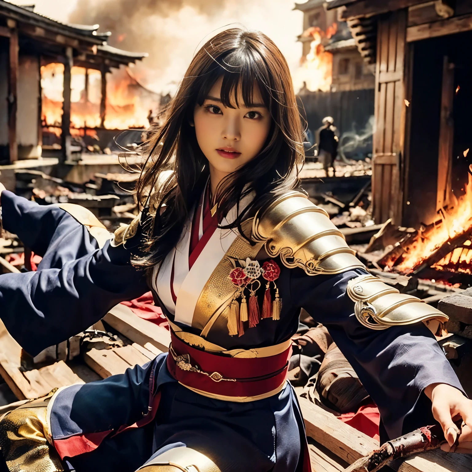 (((Realistic, masterpiece, best quality, crisp detail, high definition, high detail, sharp focus, perfect studio lightning))), 20 years old assassin,((( in the middle of a war, kasumi arimura, fighting stance))), wearing (((fully decorated golden armor, armored kimono, blood scattered face, blood bath, blood shed))), (((fire everywhere, blood everywhere, death everywhere, japan bakumatsu period, dead bodies,carcass, ,fire,smoke,burned japanese castle village,hellish ) traditional village background)