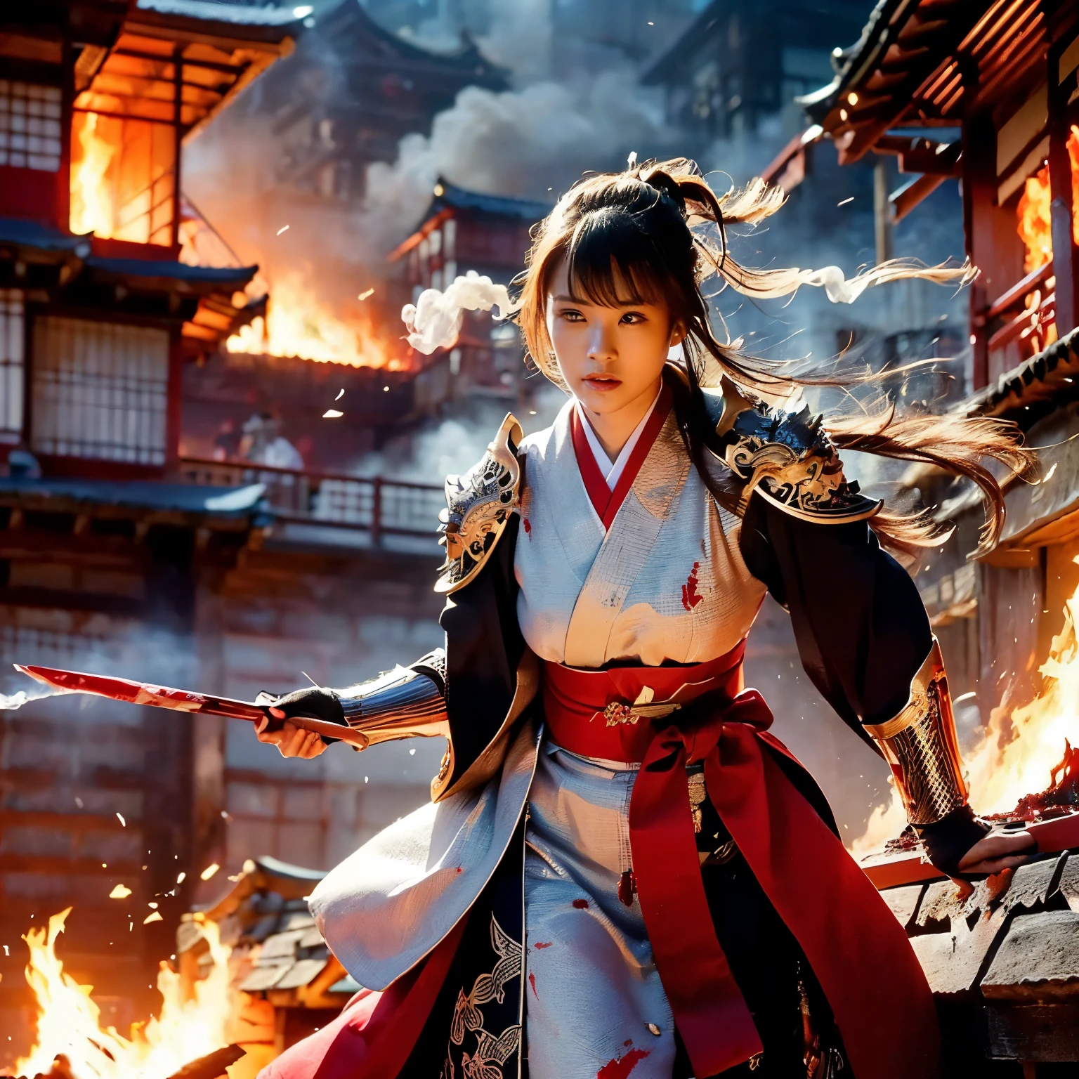 (((Realistic, masterpiece, best quality, crisp detail, high definition, high detail, sharp focus, perfect studio lightning))), 20 years old assassin,((( in the middle of a war, kasumi arimura, fighting stance))), wearing (((fully decorated golden armor, armored kimono, blood scattered face, blood bath, blood shed))), (((fire everywhere, blood everywhere, death everywhere, japan bakumatsu period, dead bodies,carcass, ,fire,smoke,burned japanese castle village,hellish ) traditional village background)