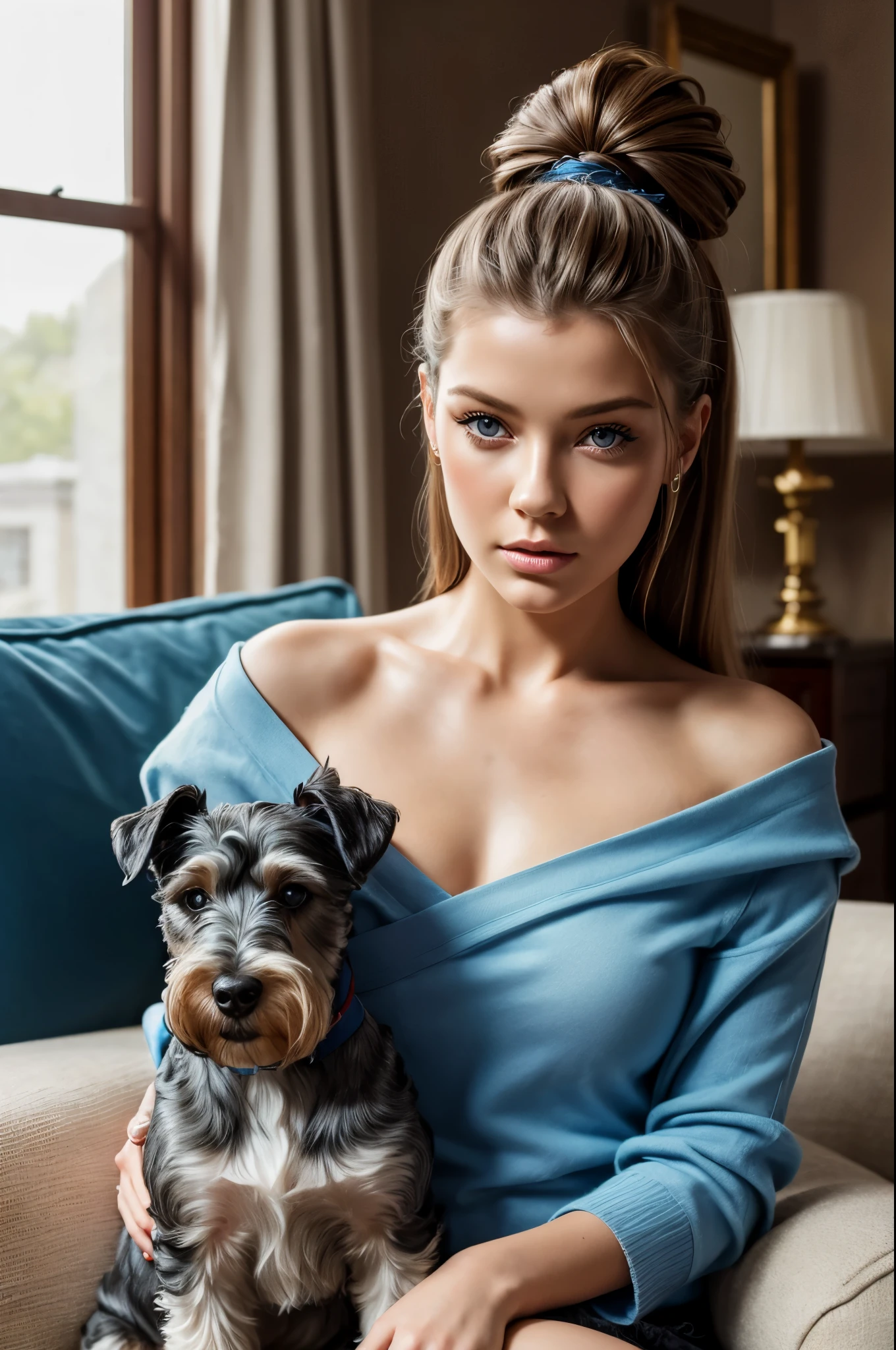 masterpiece, best quality, extremely detailed, hyperrealistic, photorealistic, a beautiful russian model with schnauzer on her side, living room, ultra detailed face, blue tops