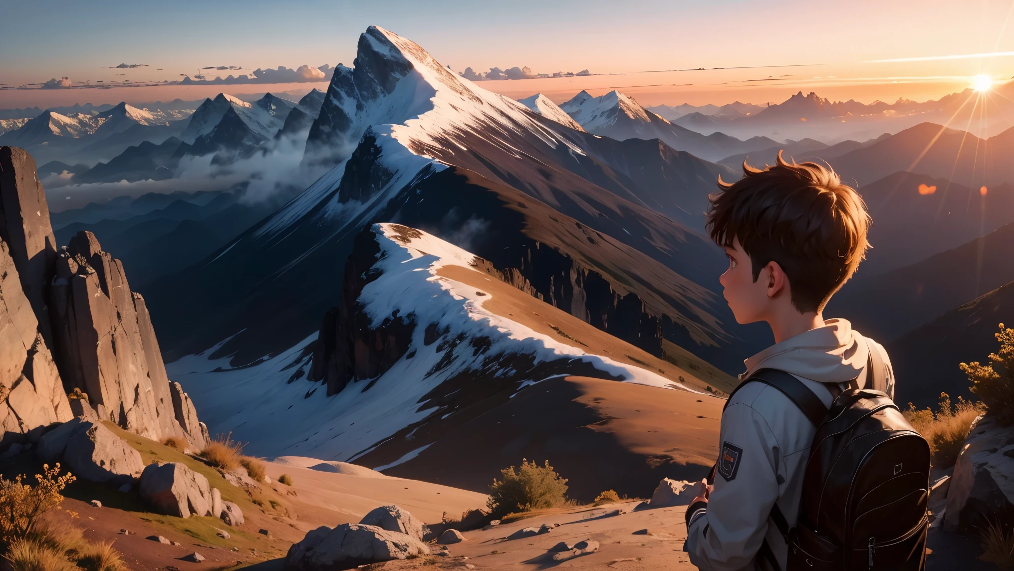 Mountain top at sunset,A boy looks into the distance