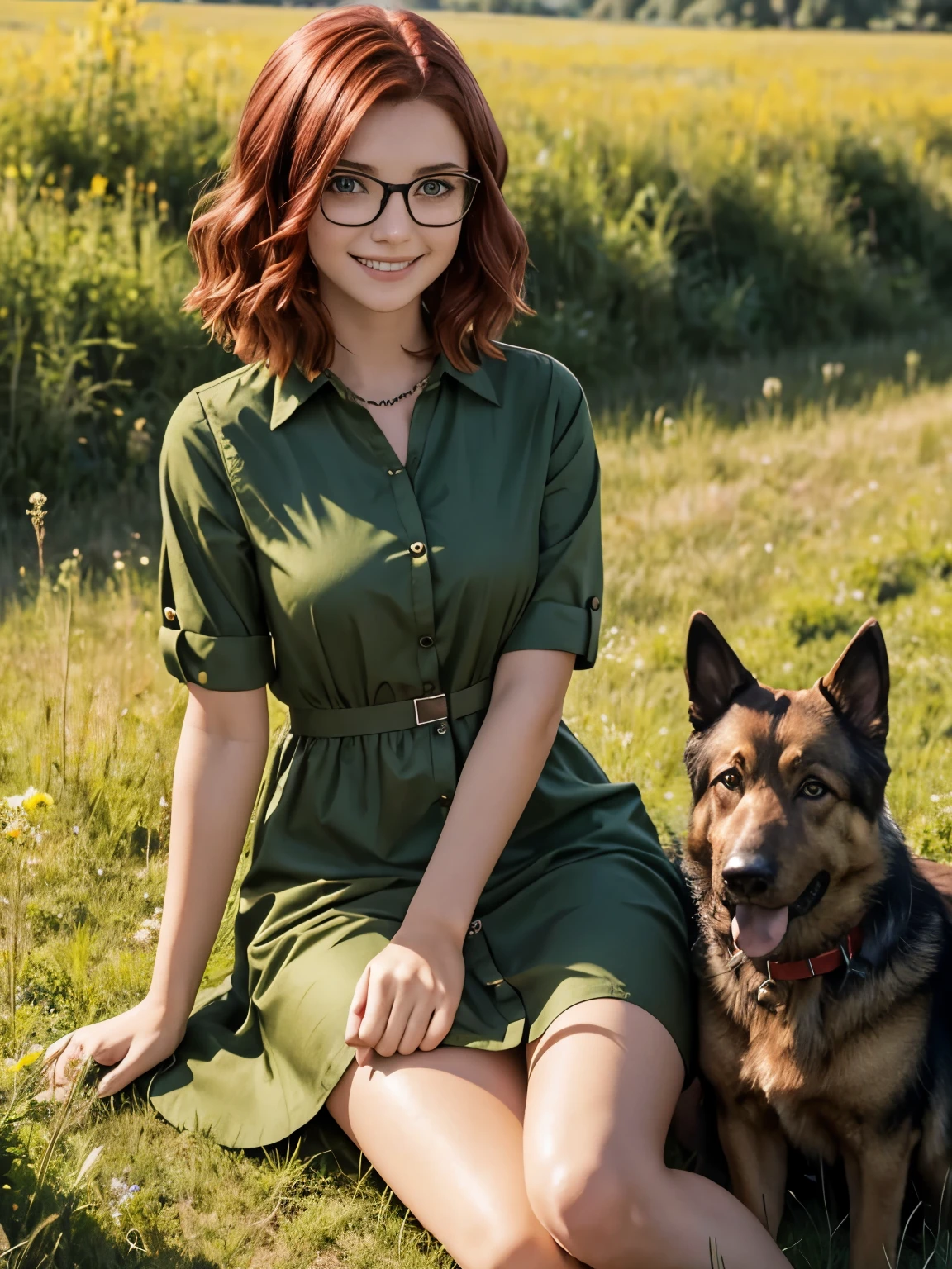 short, Red hair, green eyes, metal frame glasses, green shirt-dress with buttons, smile girl 15 years old sitting in a meadow with a German shepherd dog